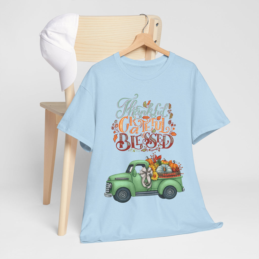 Thankful Grateful Blessed Tee, Unisex Heavy Cotton T-Shirt, Fall Apparel, Thanksgiving Shirt, Casual Wear, Gift for Friends