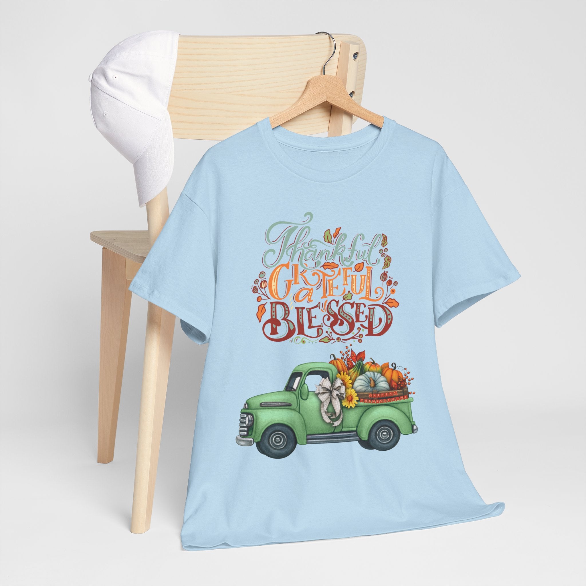 Thankful Grateful Blessed Tee, Unisex Heavy Cotton T-Shirt, Fall Apparel, Thanksgiving Shirt, Casual Wear, Gift for Friends
