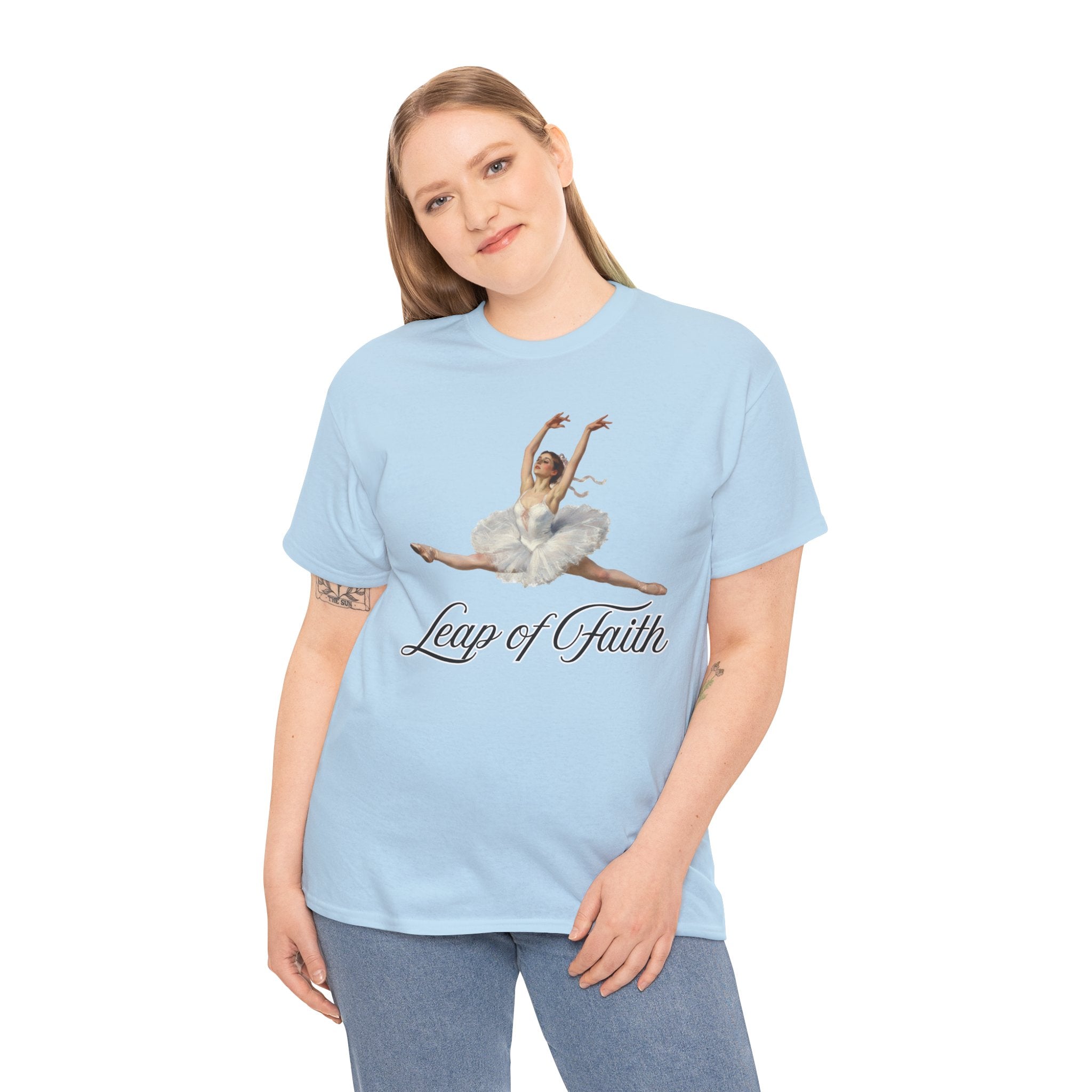 Ballet Inspired Tee - Leap of Faith, Dance Gift, Unisex Cotton Shirt, Inspirational Apparel, Performance Wear, Gift for Dancers-Ballerina in a split leap, inspired by the impressionistic ballet studies of Edgar Degas.