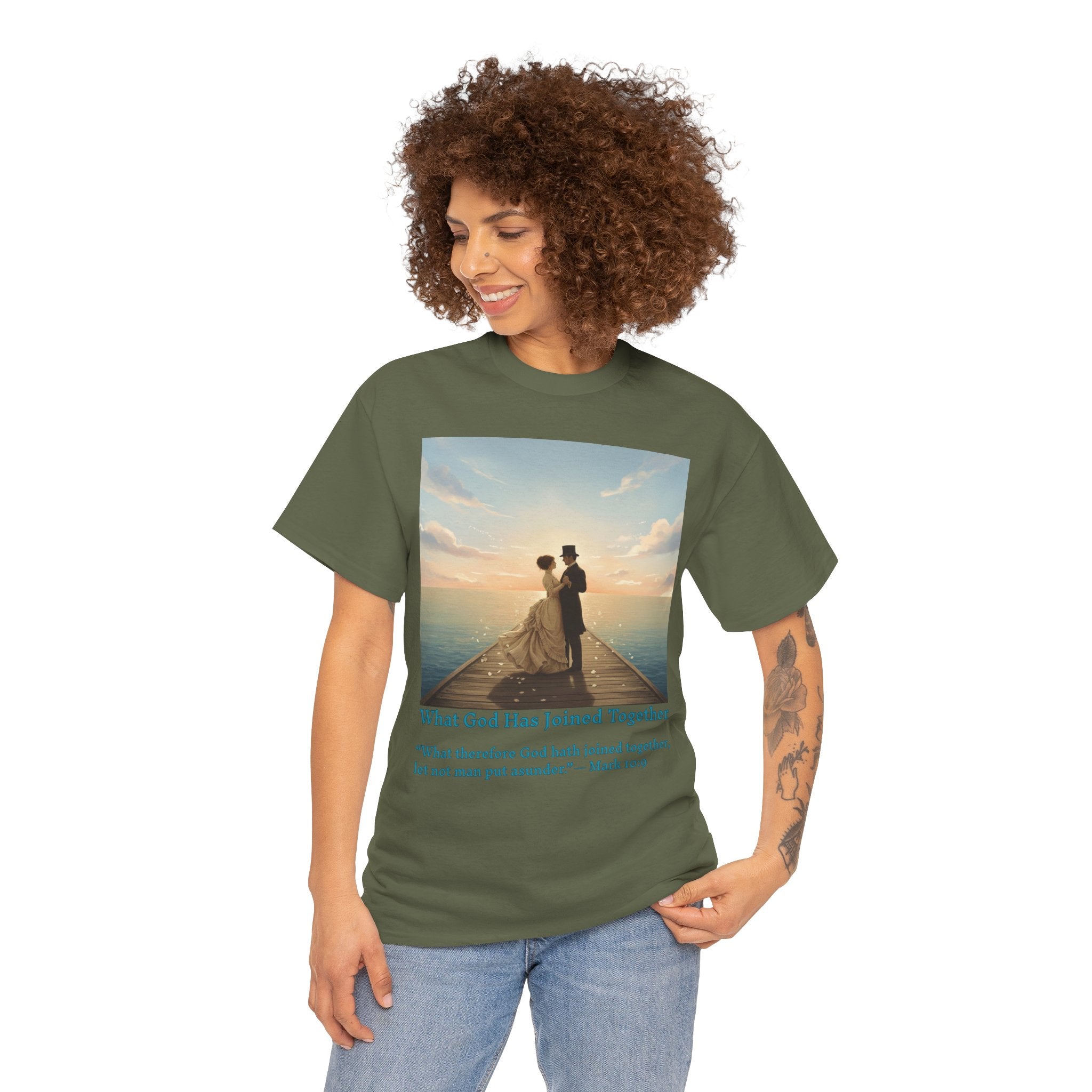 Romantic couple on a pier at sunset — inspired by Jack Vettriano-Wedding Quote T-Shirt, Unisex Heavy Cotton Tee, Casual Wear, Gift for Newlyweds, Bride & Groom Apparel, Anniversary Gift