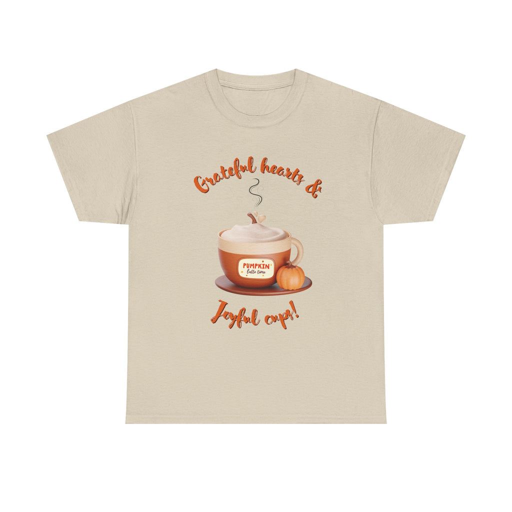 Happy Thanksgiving- Grateful Hearts & Joyful Cups Unisex Tee, Cozy Fall T-Shirt, Thanksgiving Gift, Coffee Lover Apparel, Autumn Fashion