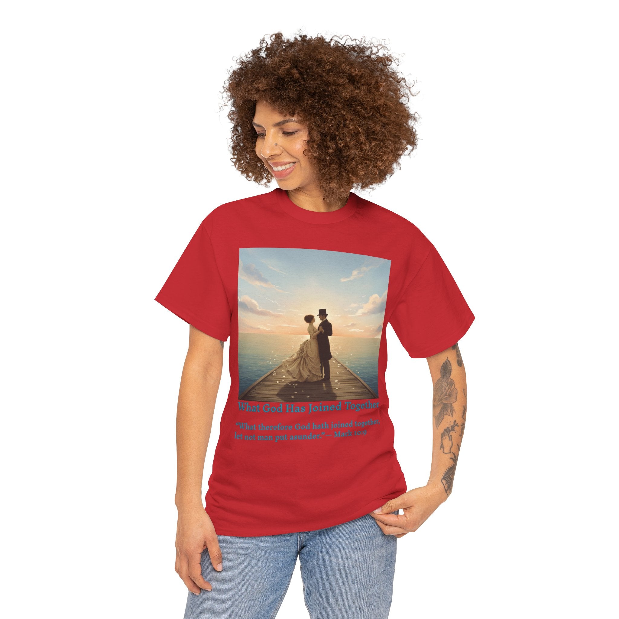 Romantic couple on a pier at sunset — inspired by Jack Vettriano-Wedding Quote T-Shirt, Unisex Heavy Cotton Tee, Casual Wear, Gift for Newlyweds, Bride & Groom Apparel, Anniversary Gift