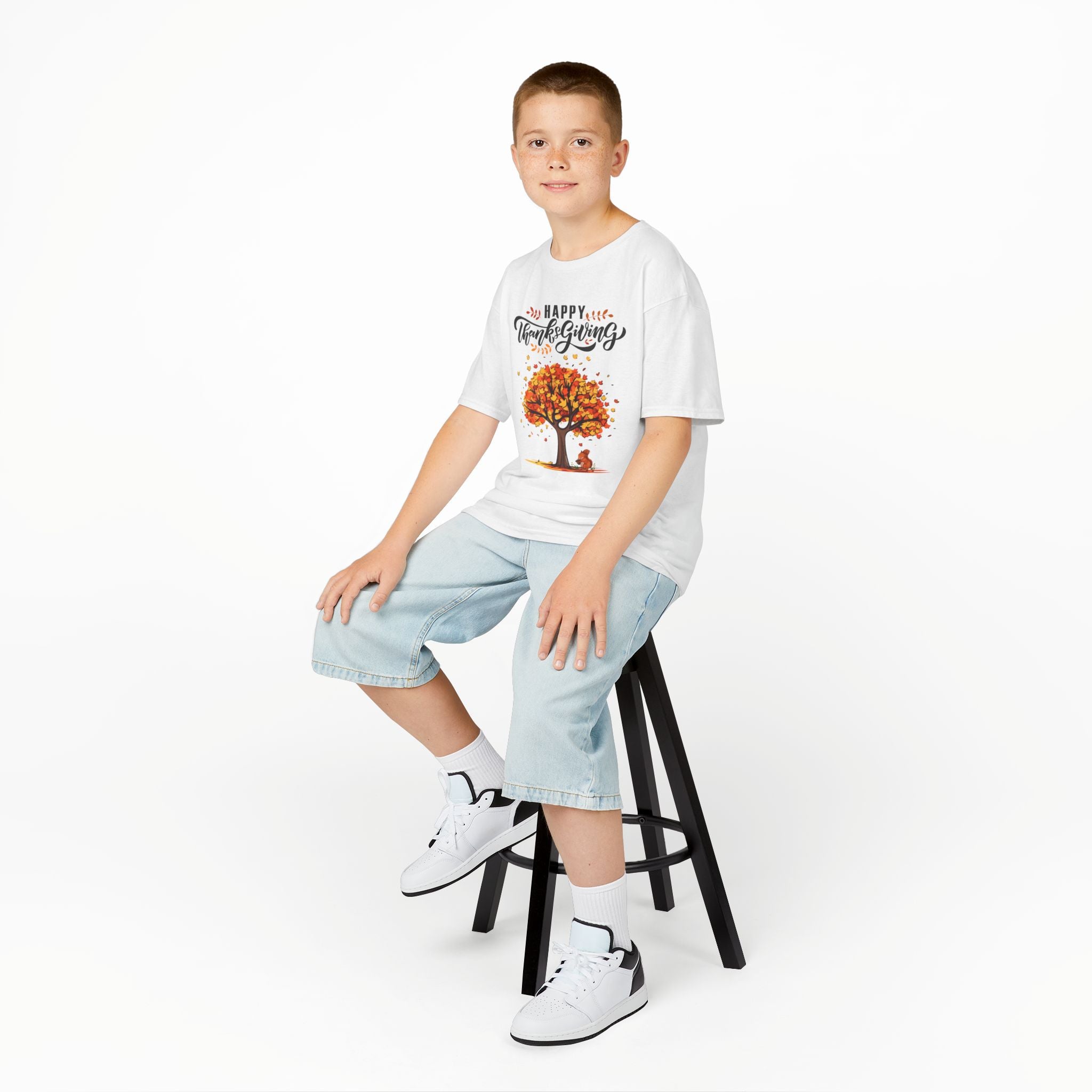 Happy Thanksgiving Kids Tee, Fall T-Shirt, Autumn Apparel, Festive Gift, Holiday Outfit, Tree and Leaves Design
