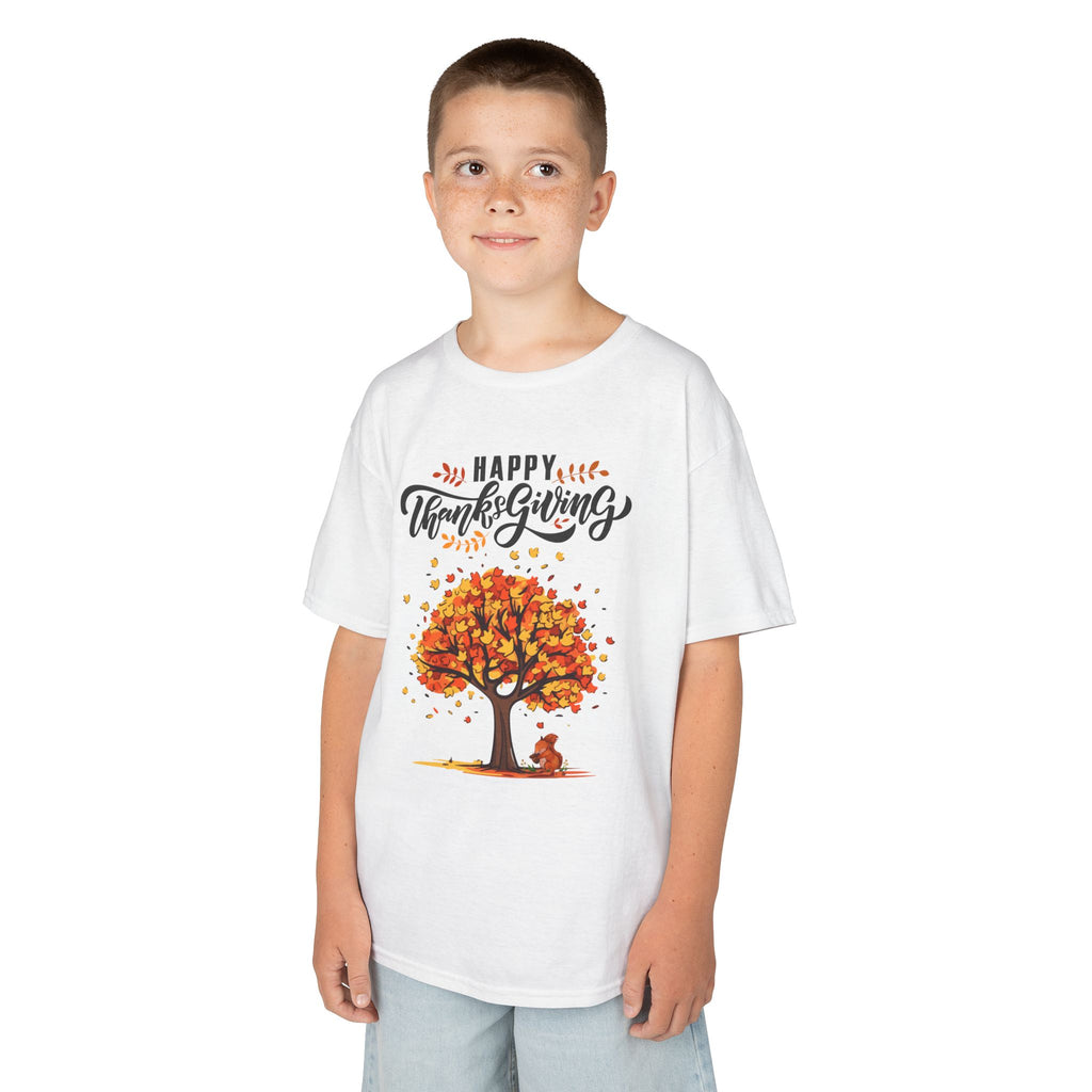 Happy Thanksgiving Kids Tee, Fall T-Shirt, Autumn Apparel, Festive Gift, Holiday Outfit, Tree and Leaves Design