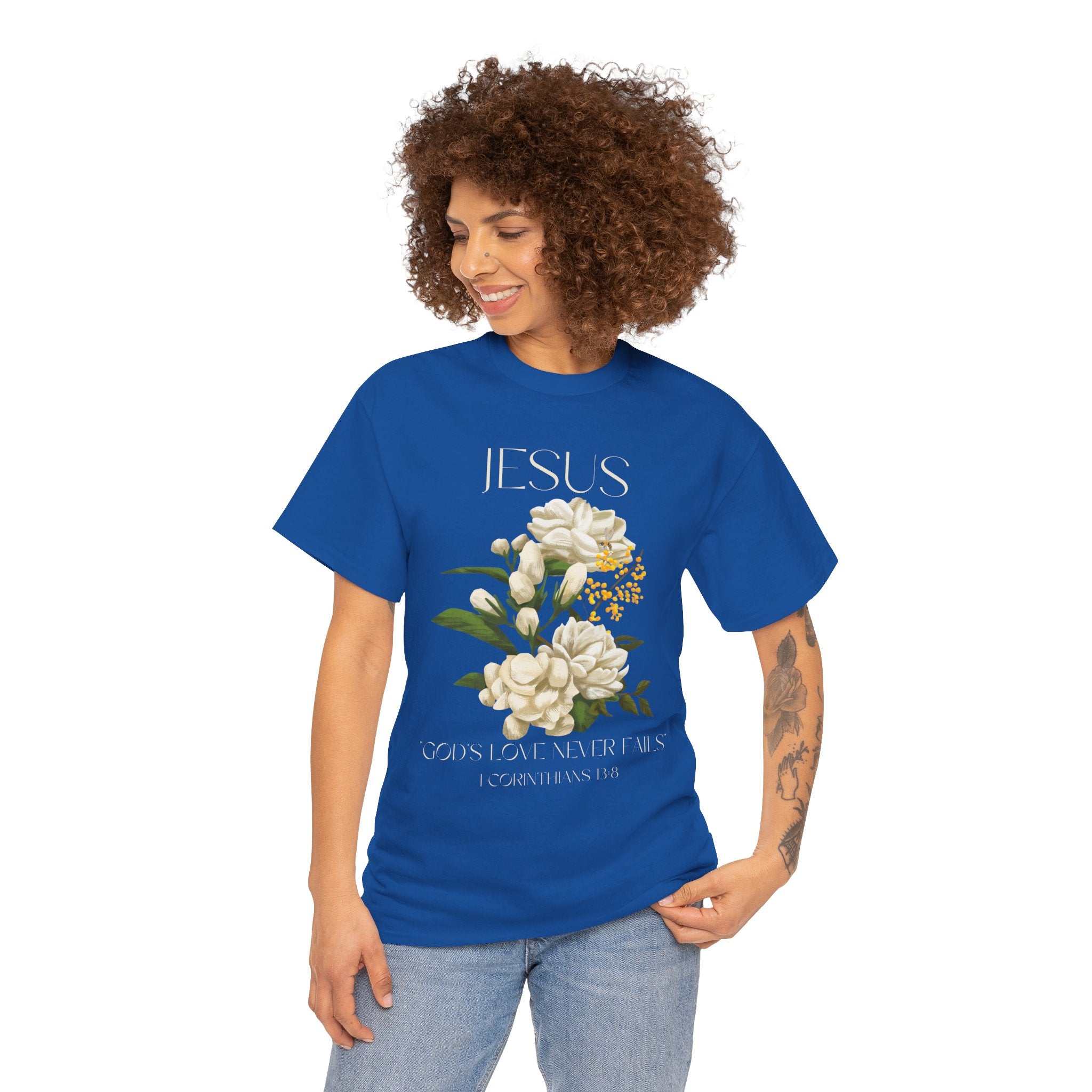 Floral Jesus-God's love never fails- Graphic Tee | Unisex Cotton T-Shirt for Faith & Inspiration, Ideal for Gifts, Casual Wear, Church Events, and Celebrations