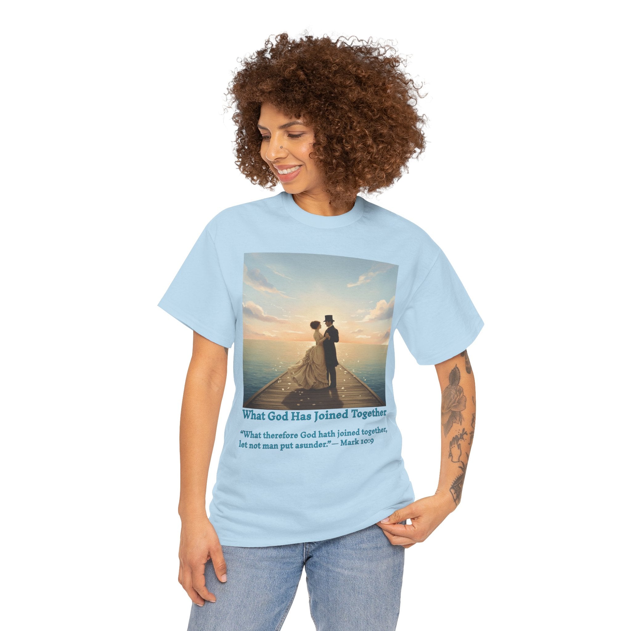 Romantic couple on a pier at sunset — inspired by Jack Vettriano-Wedding Quote T-Shirt, Unisex Heavy Cotton Tee, Casual Wear, Gift for Newlyweds, Bride & Groom Apparel, Anniversary Gift