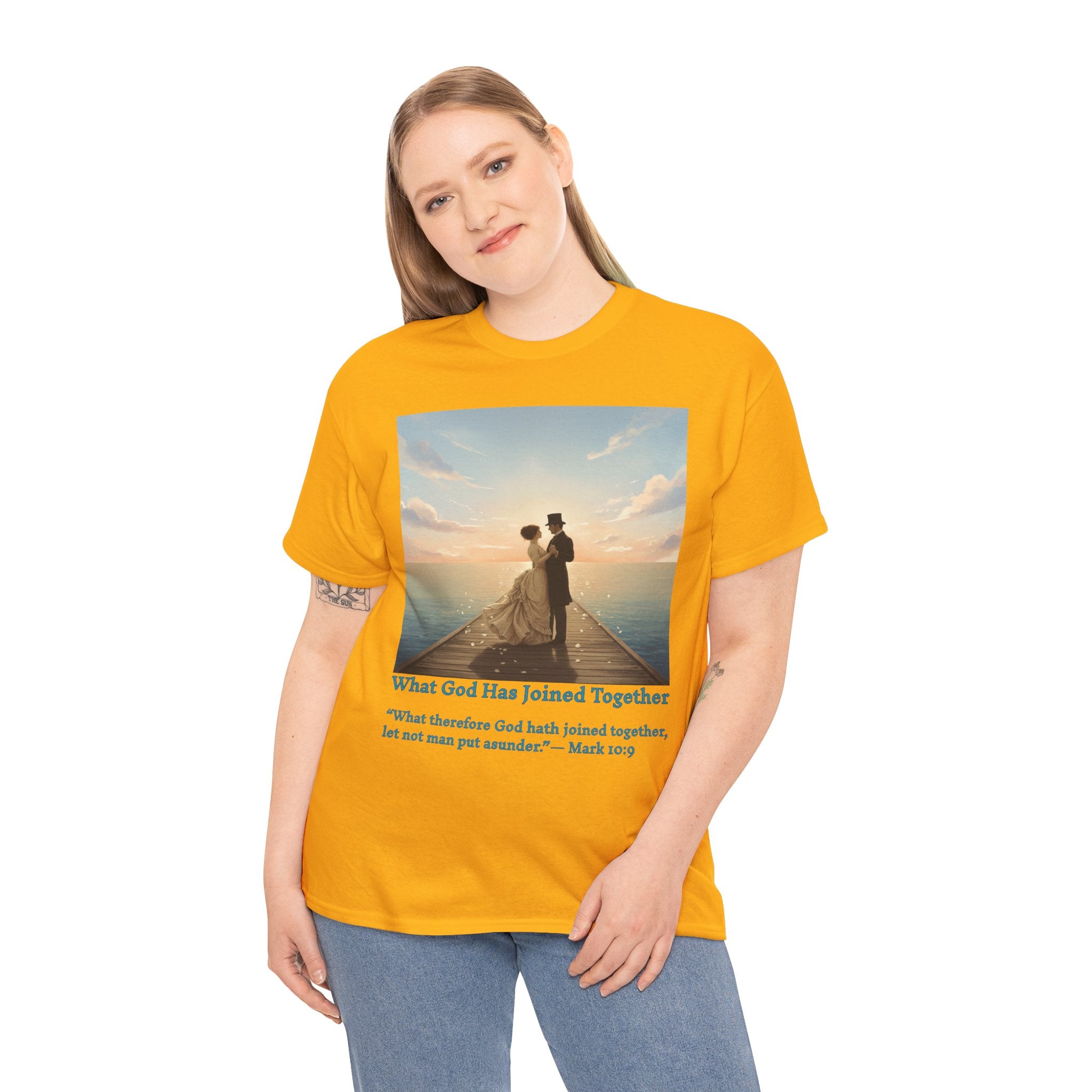 Romantic couple on a pier at sunset — inspired by Jack Vettriano-Wedding Quote T-Shirt, Unisex Heavy Cotton Tee, Casual Wear, Gift for Newlyweds, Bride & Groom Apparel, Anniversary Gift