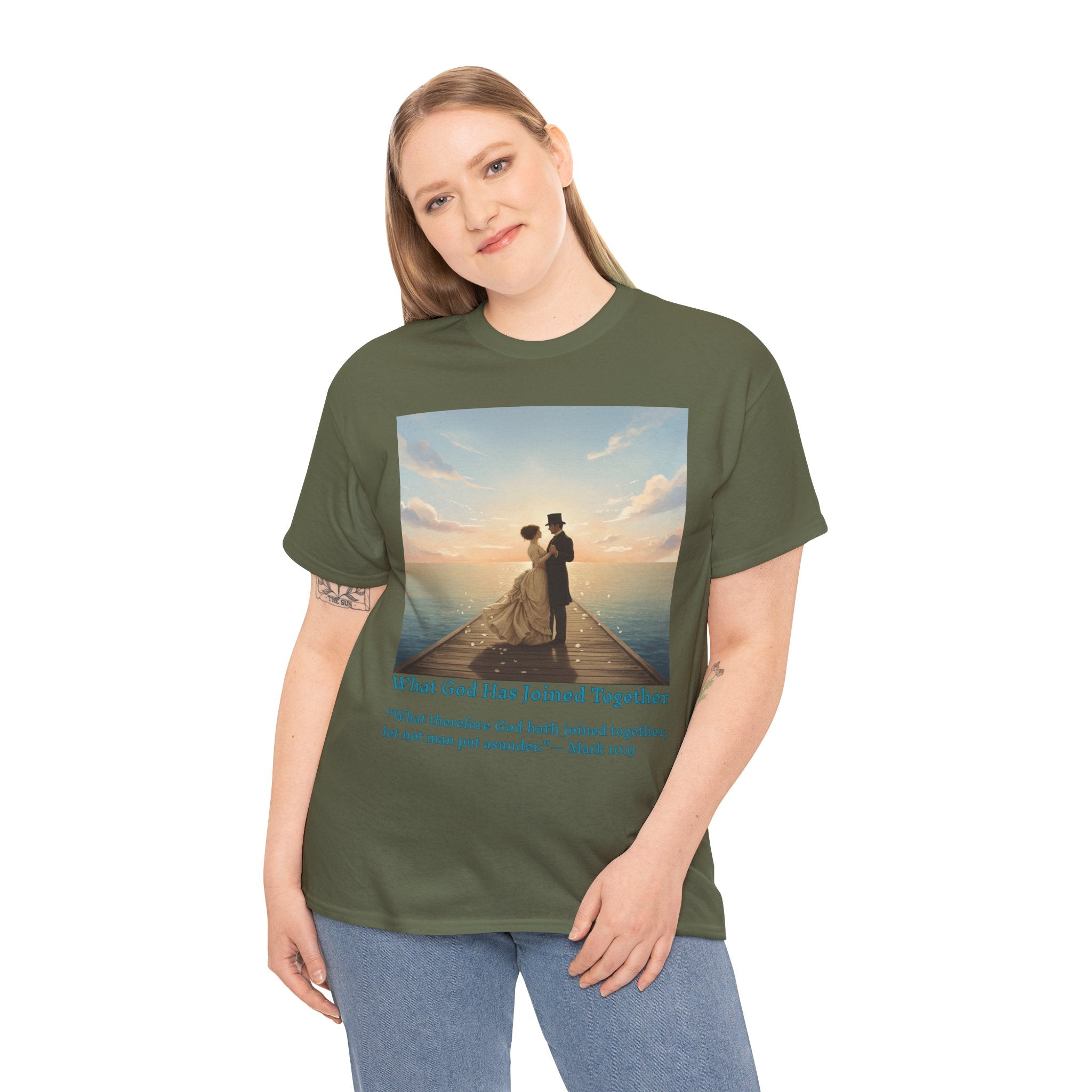 Romantic couple on a pier at sunset — inspired by Jack Vettriano-Wedding Quote T-Shirt, Unisex Heavy Cotton Tee, Casual Wear, Gift for Newlyweds, Bride & Groom Apparel, Anniversary Gift