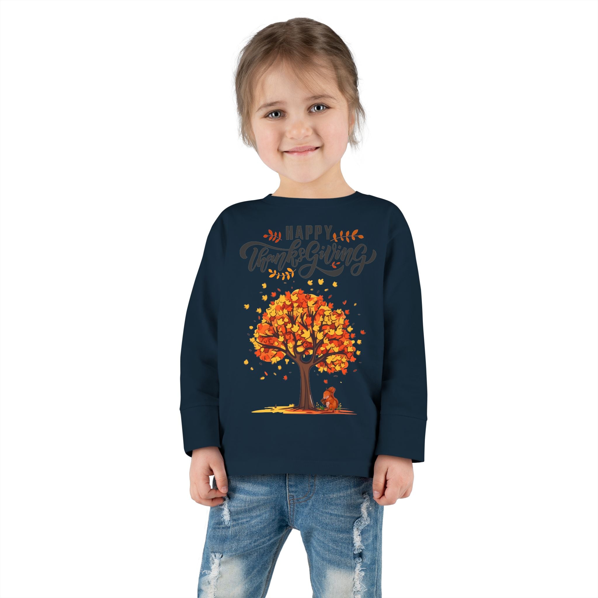 Thanksgiving Toddler Long Sleeve Tee, Cute Fall Outfit for Kids, Autumn Tree Design, Holiday Apparel, Family Gathering Wear