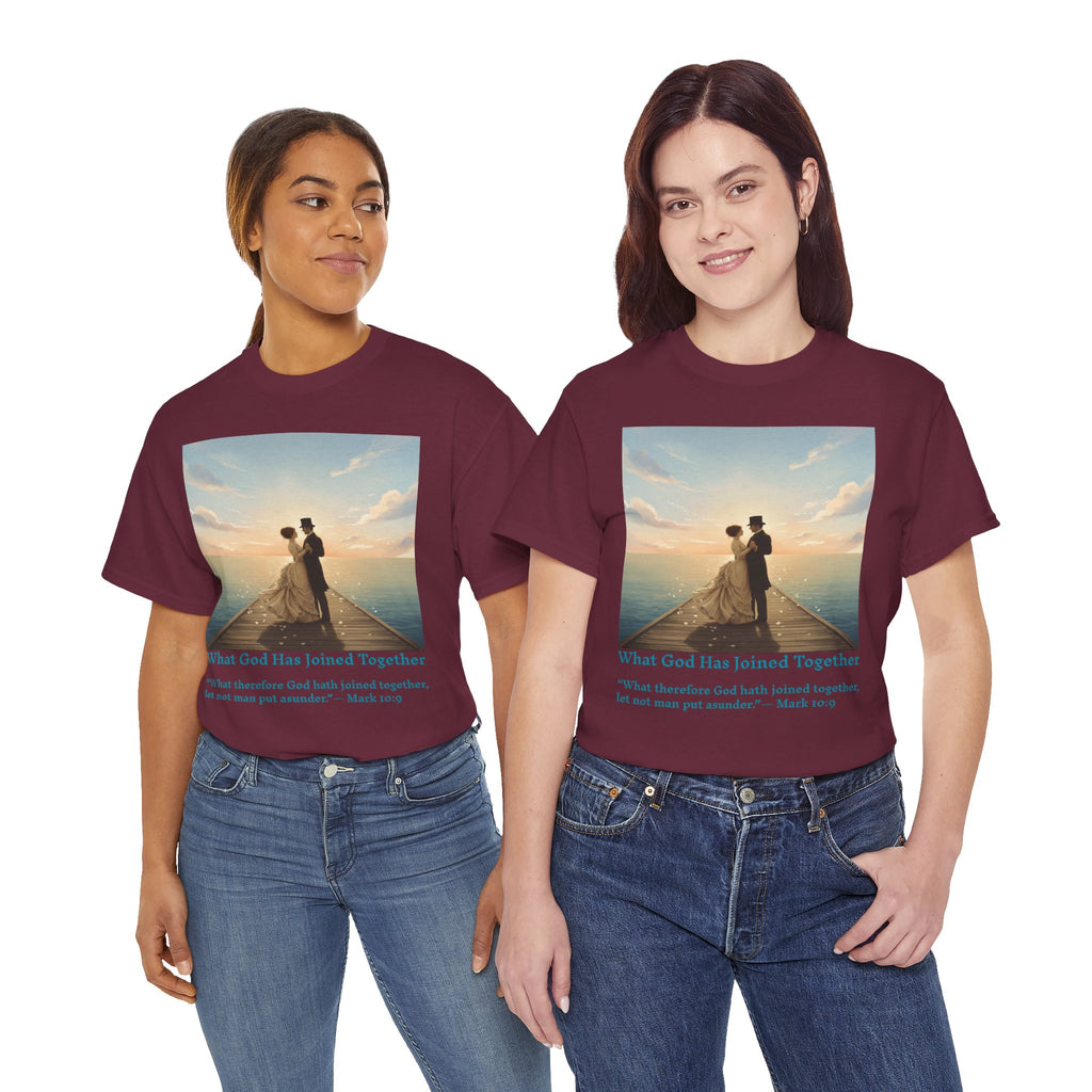 Romantic couple on a pier at sunset — inspired by Jack Vettriano-Wedding Quote T-Shirt, Unisex Heavy Cotton Tee, Casual Wear, Gift for Newlyweds, Bride & Groom Apparel, Anniversary Gift