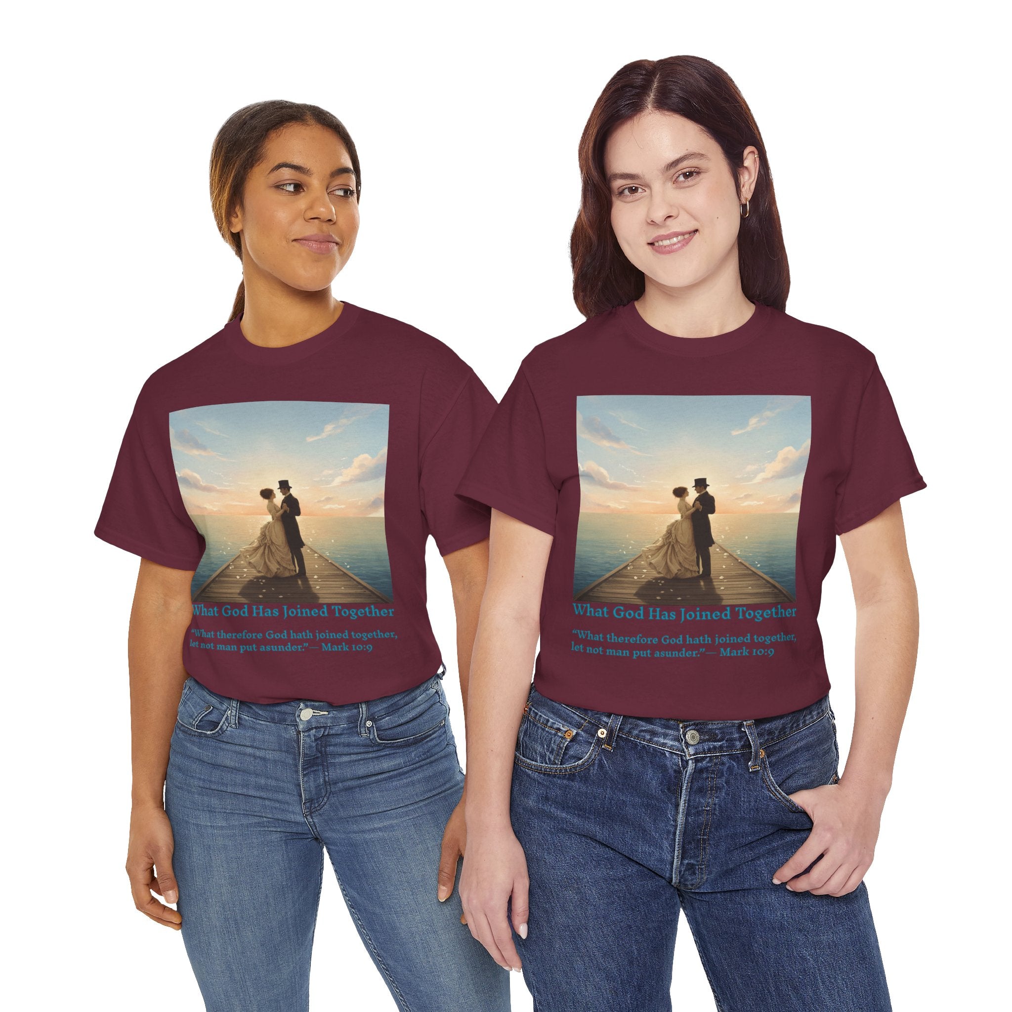 Romantic couple on a pier at sunset — inspired by Jack Vettriano-Wedding Quote T-Shirt, Unisex Heavy Cotton Tee, Casual Wear, Gift for Newlyweds, Bride & Groom Apparel, Anniversary Gift