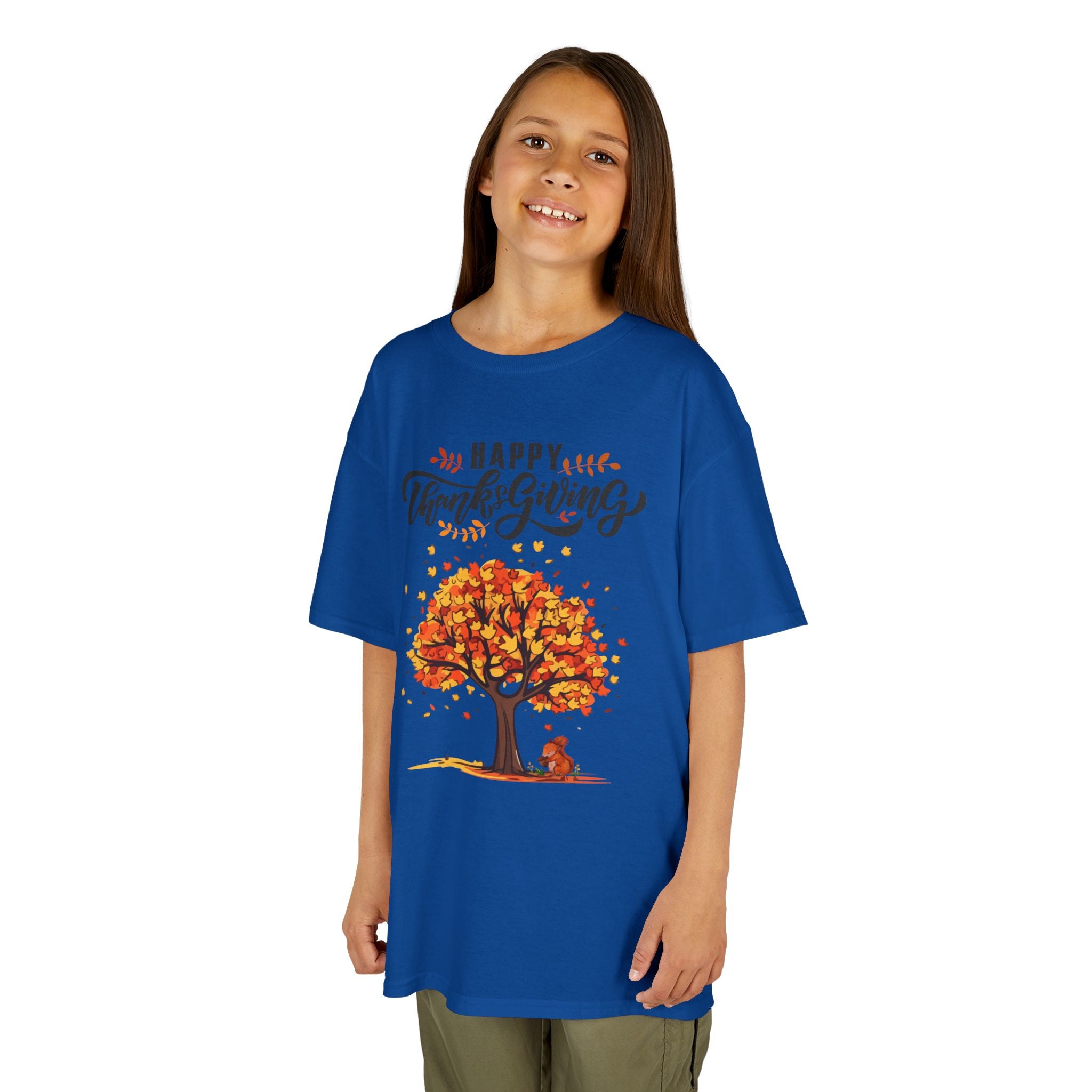 Happy Thanksgiving Kids Tee, Fall T-Shirt, Autumn Apparel, Festive Gift, Holiday Outfit, Tree and Leaves Design