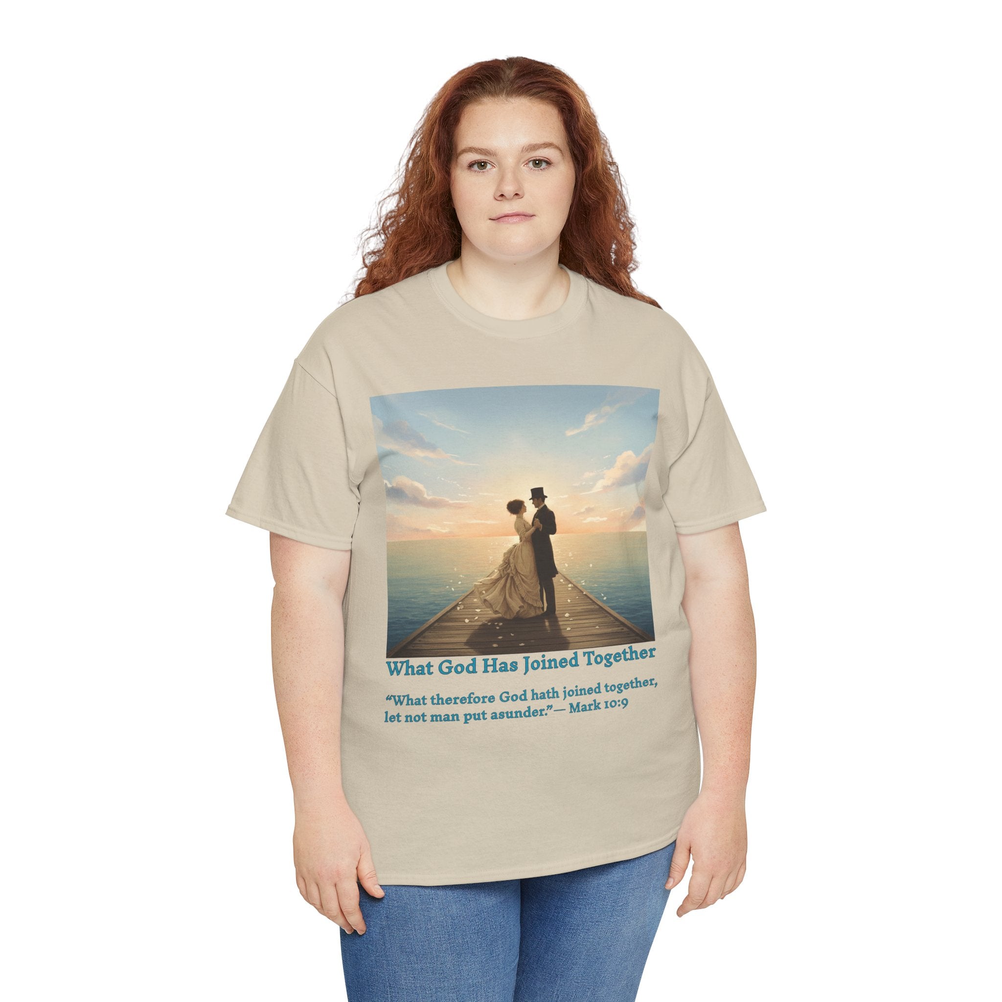 Romantic couple on a pier at sunset — inspired by Jack Vettriano-Wedding Quote T-Shirt, Unisex Heavy Cotton Tee, Casual Wear, Gift for Newlyweds, Bride & Groom Apparel, Anniversary Gift