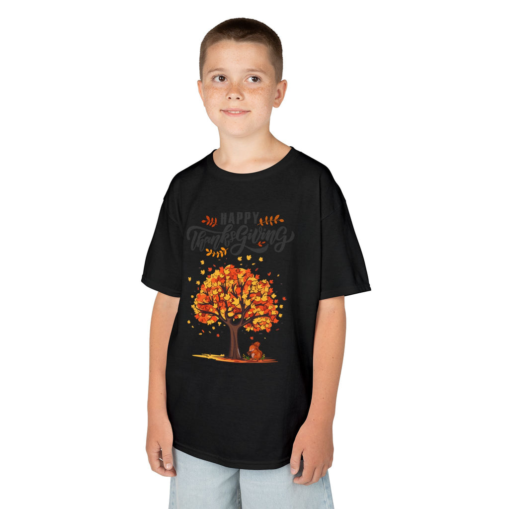 Happy Thanksgiving Kids Tee, Fall T-Shirt, Autumn Apparel, Festive Gift, Holiday Outfit, Tree and Leaves Design