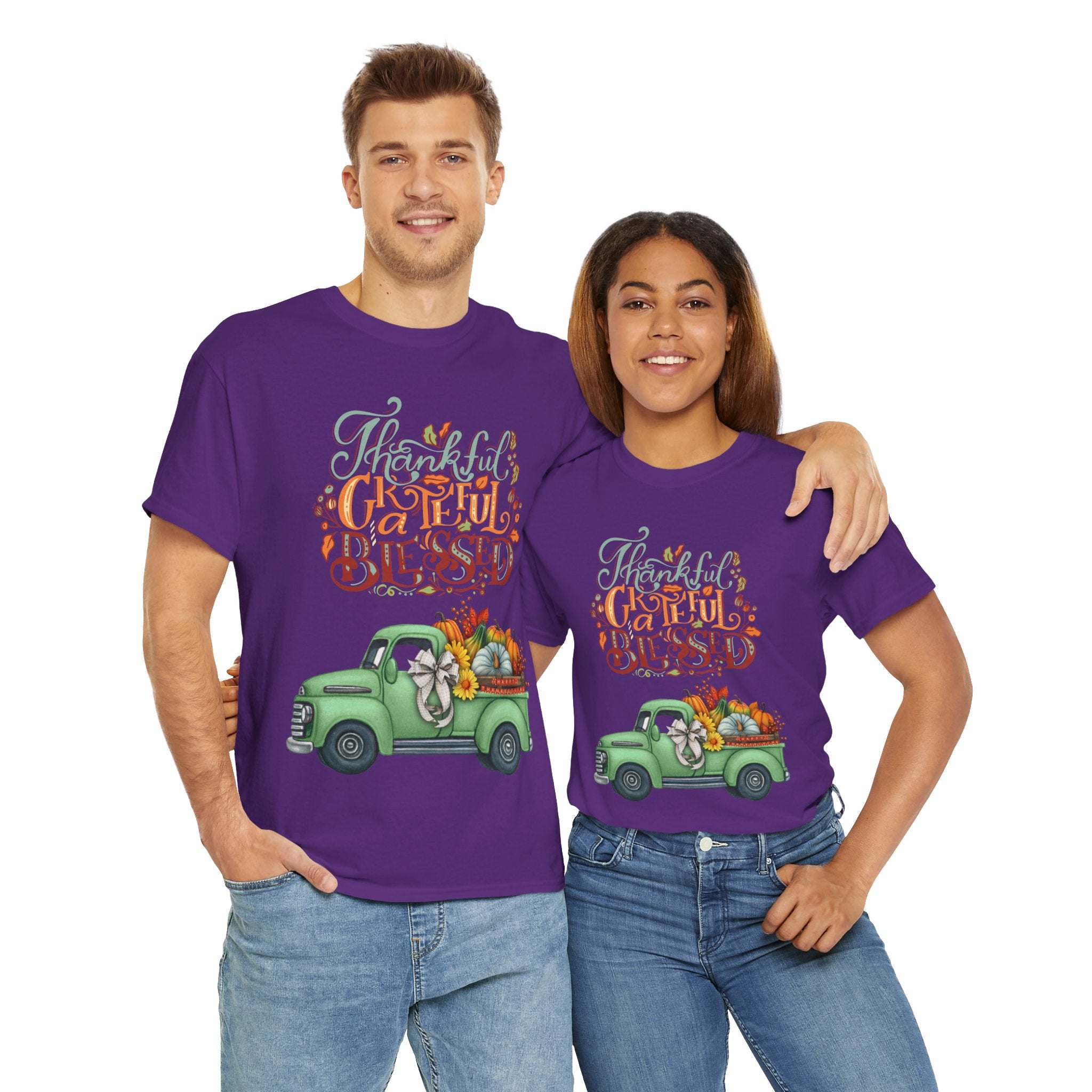 Thankful Grateful Blessed Tee, Unisex Heavy Cotton T-Shirt, Fall Apparel, Thanksgiving Shirt, Casual Wear, Gift for Friends