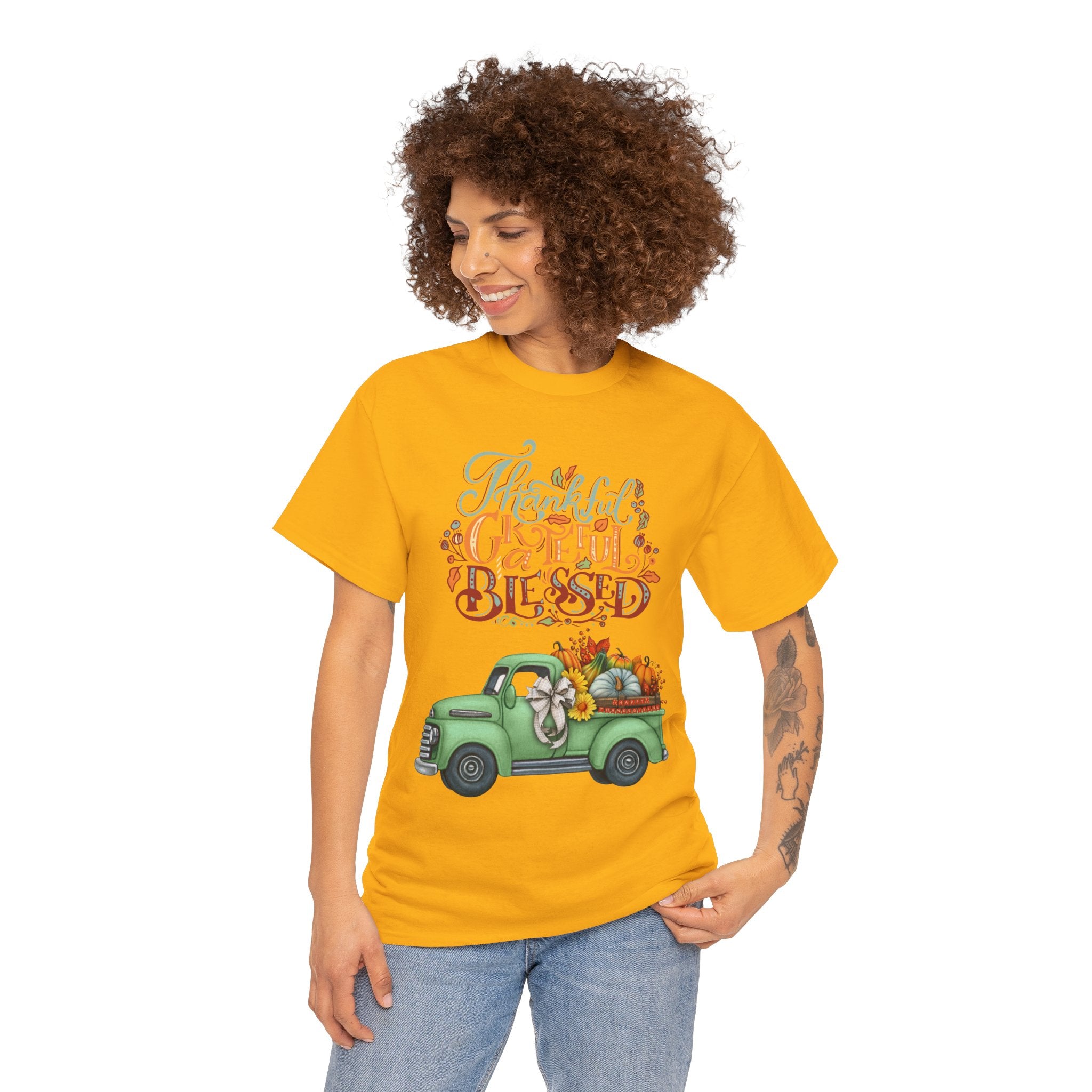Thankful Grateful Blessed Tee, Unisex Heavy Cotton T-Shirt, Fall Apparel, Thanksgiving Shirt, Casual Wear, Gift for Friends