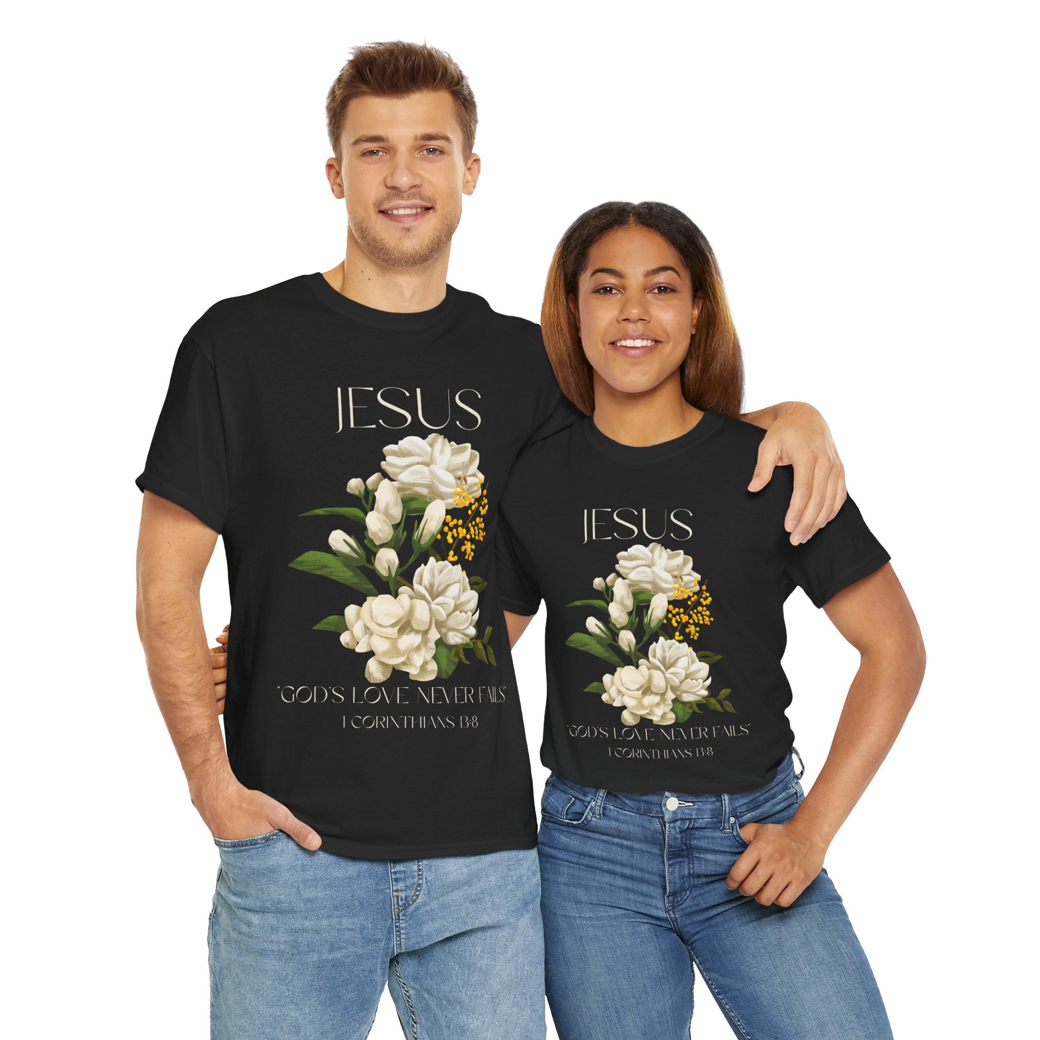 Floral Jesus-God's love never fails- Graphic Tee | Unisex Cotton T-Shirt for Faith & Inspiration, Ideal for Gifts, Casual Wear, Church Events, and Celebrations