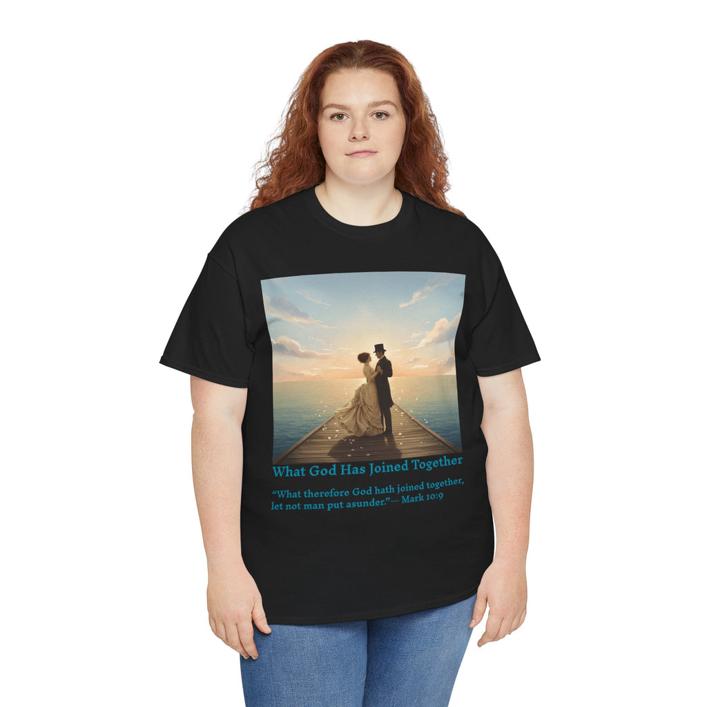 Romantic couple on a pier at sunset — inspired by Jack Vettriano-Wedding Quote T-Shirt, Unisex Heavy Cotton Tee, Casual Wear, Gift for Newlyweds, Bride & Groom Apparel, Anniversary Gift