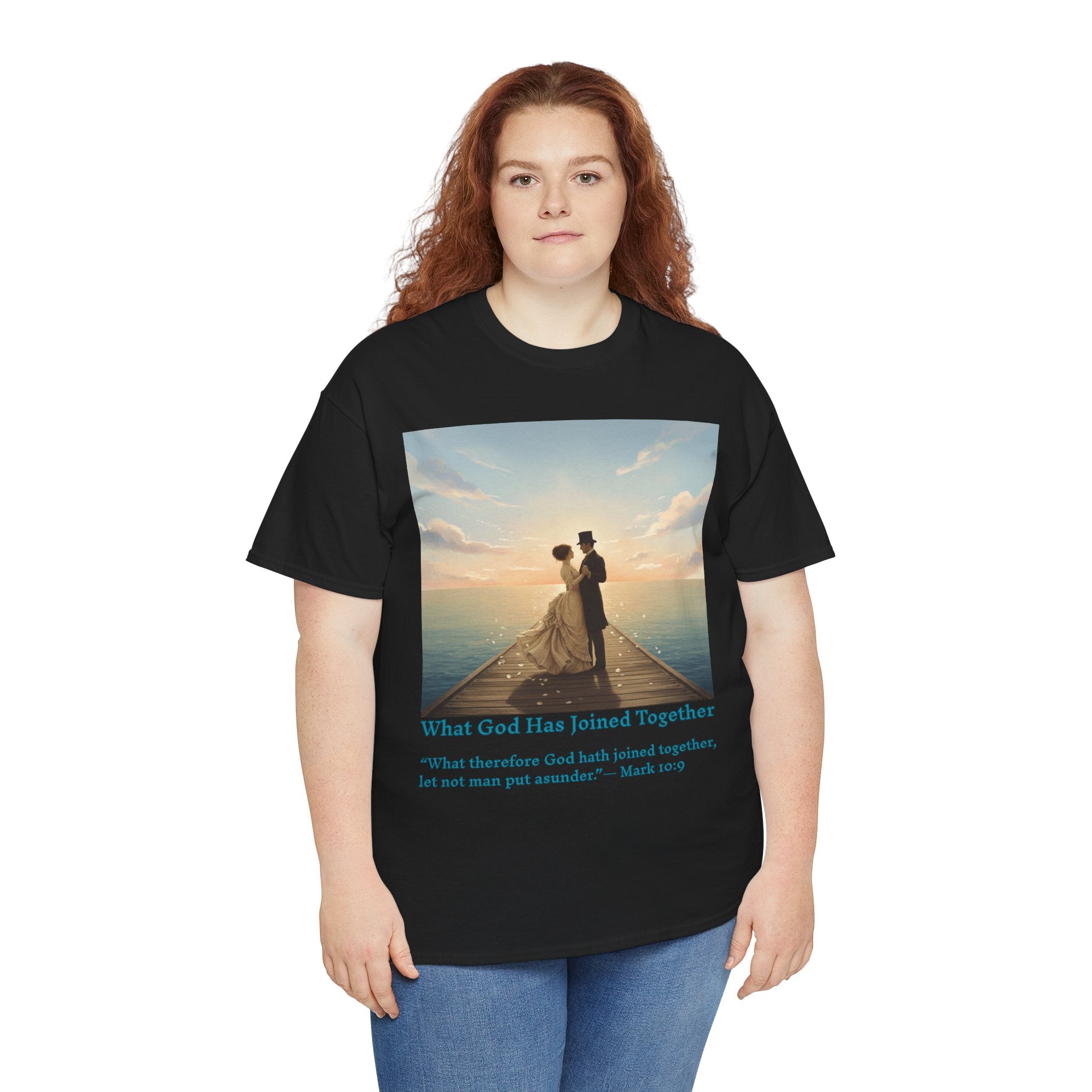 Romantic couple on a pier at sunset — inspired by Jack Vettriano-Wedding Quote T-Shirt, Unisex Heavy Cotton Tee, Casual Wear, Gift for Newlyweds, Bride & Groom Apparel, Anniversary Gift