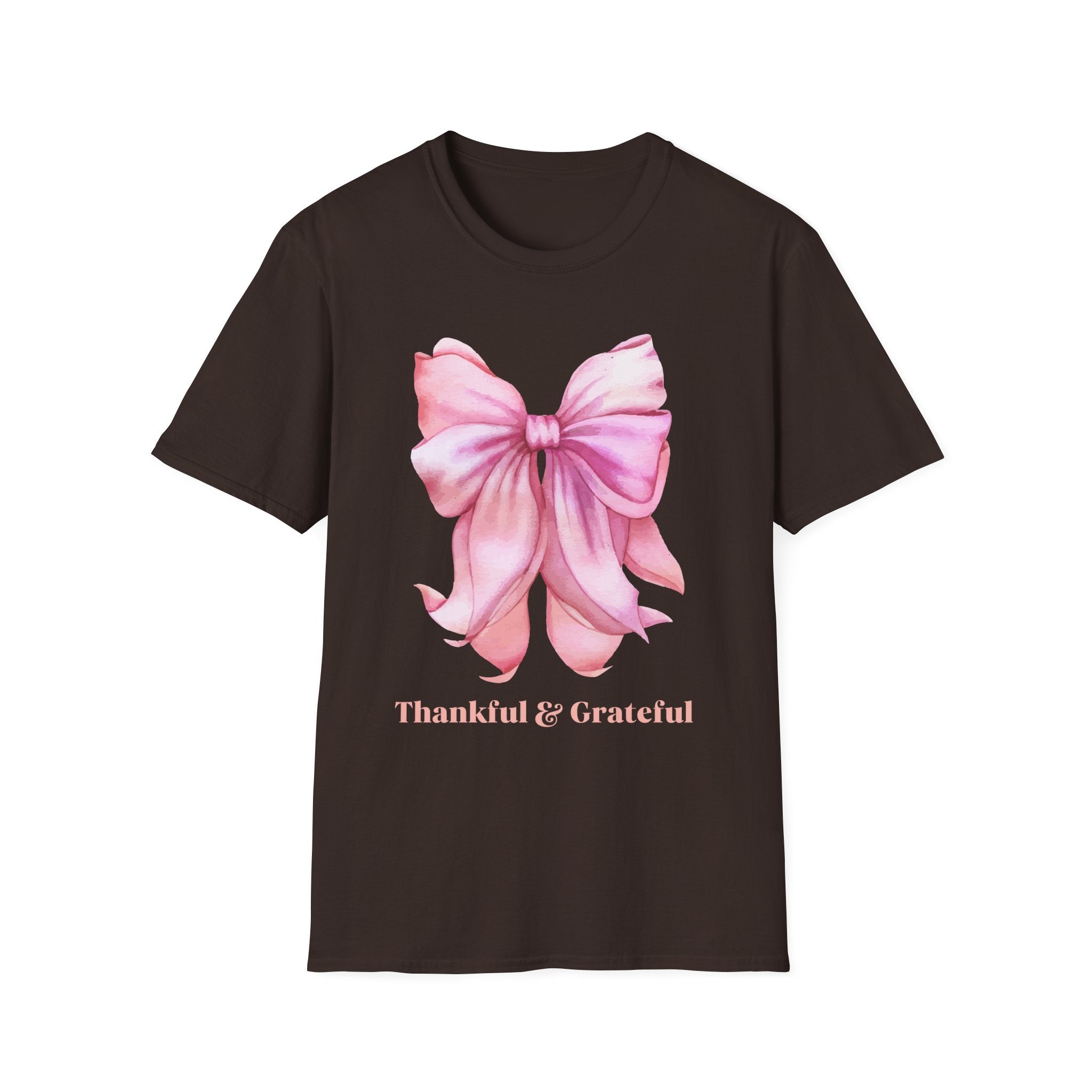 Thankful & Grateful Bow T-Shirt, Unisex Softstyle Tee, Thanksgiving Gift, Fall Apparel, Cute Casual Wear, Gratitude Shirt