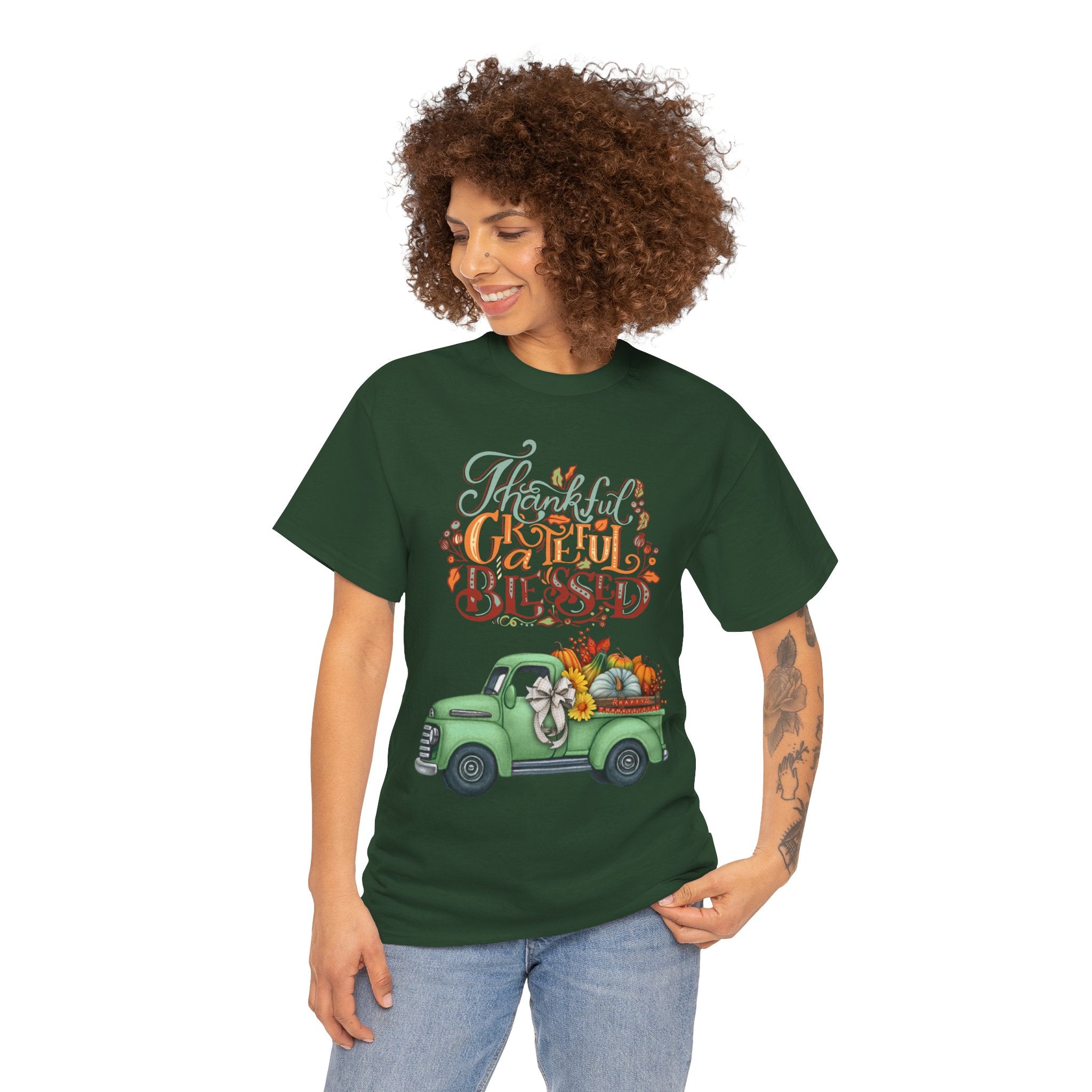 Thankful Grateful Blessed Tee, Unisex Heavy Cotton T-Shirt, Fall Apparel, Thanksgiving Shirt, Casual Wear, Gift for Friends