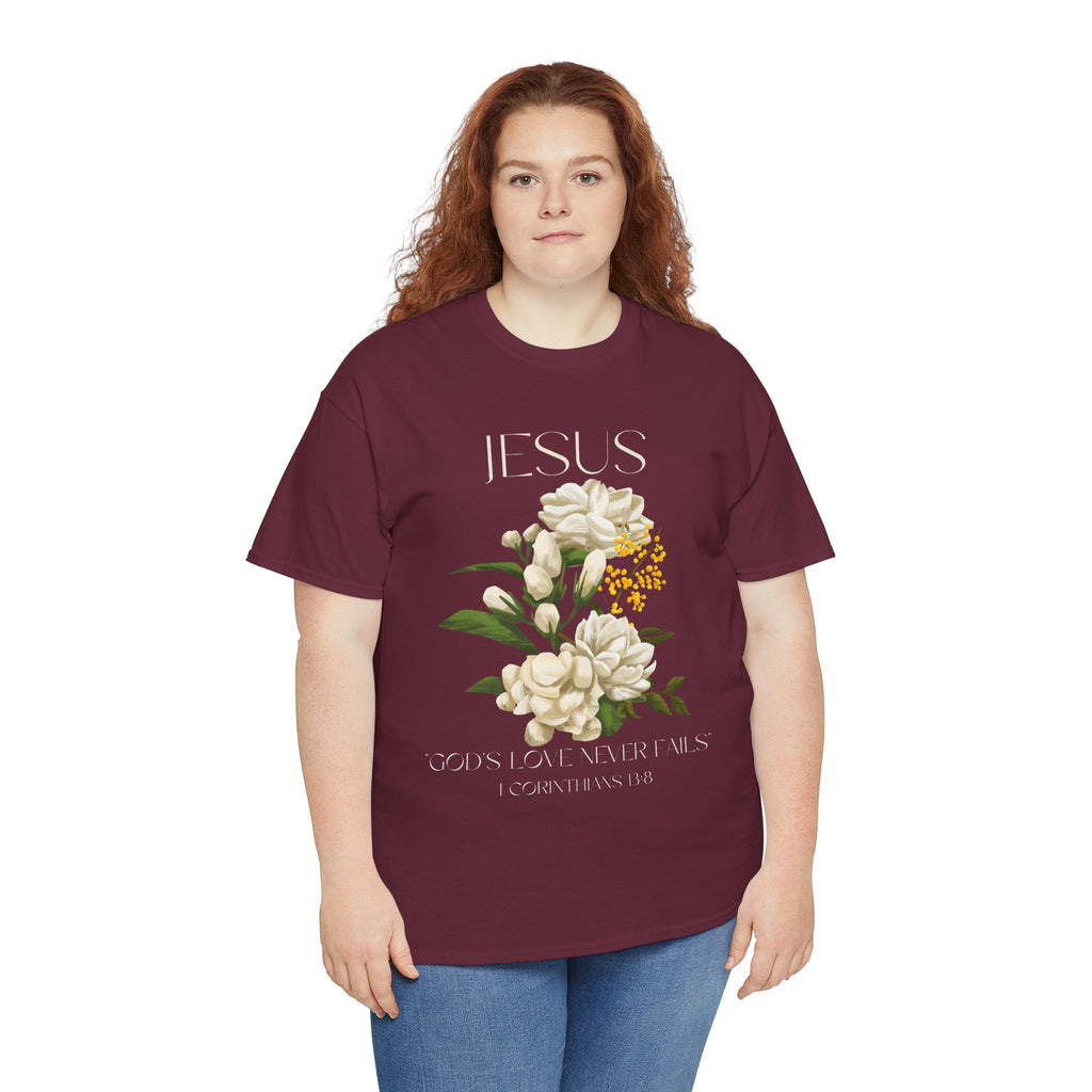 Floral Jesus-God's love never fails- Graphic Tee | Unisex Cotton T-Shirt for Faith & Inspiration, Ideal for Gifts, Casual Wear, Church Events, and Celebrations