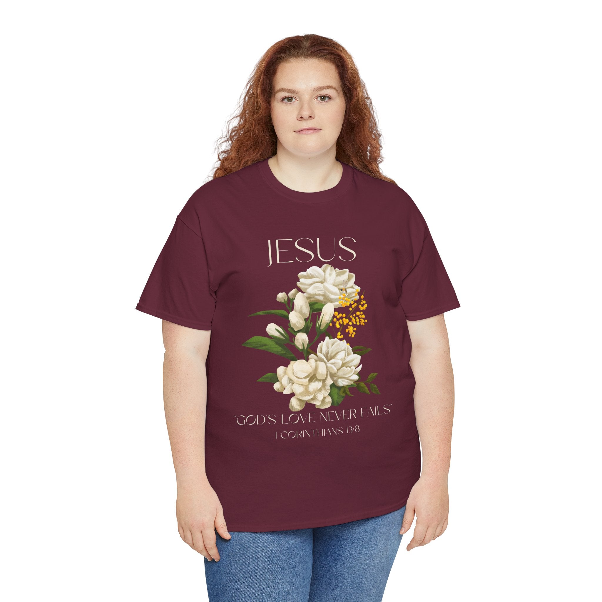 Floral Jesus-God's love never fails- Graphic Tee | Unisex Cotton T-Shirt for Faith & Inspiration, Ideal for Gifts, Casual Wear, Church Events, and Celebrations