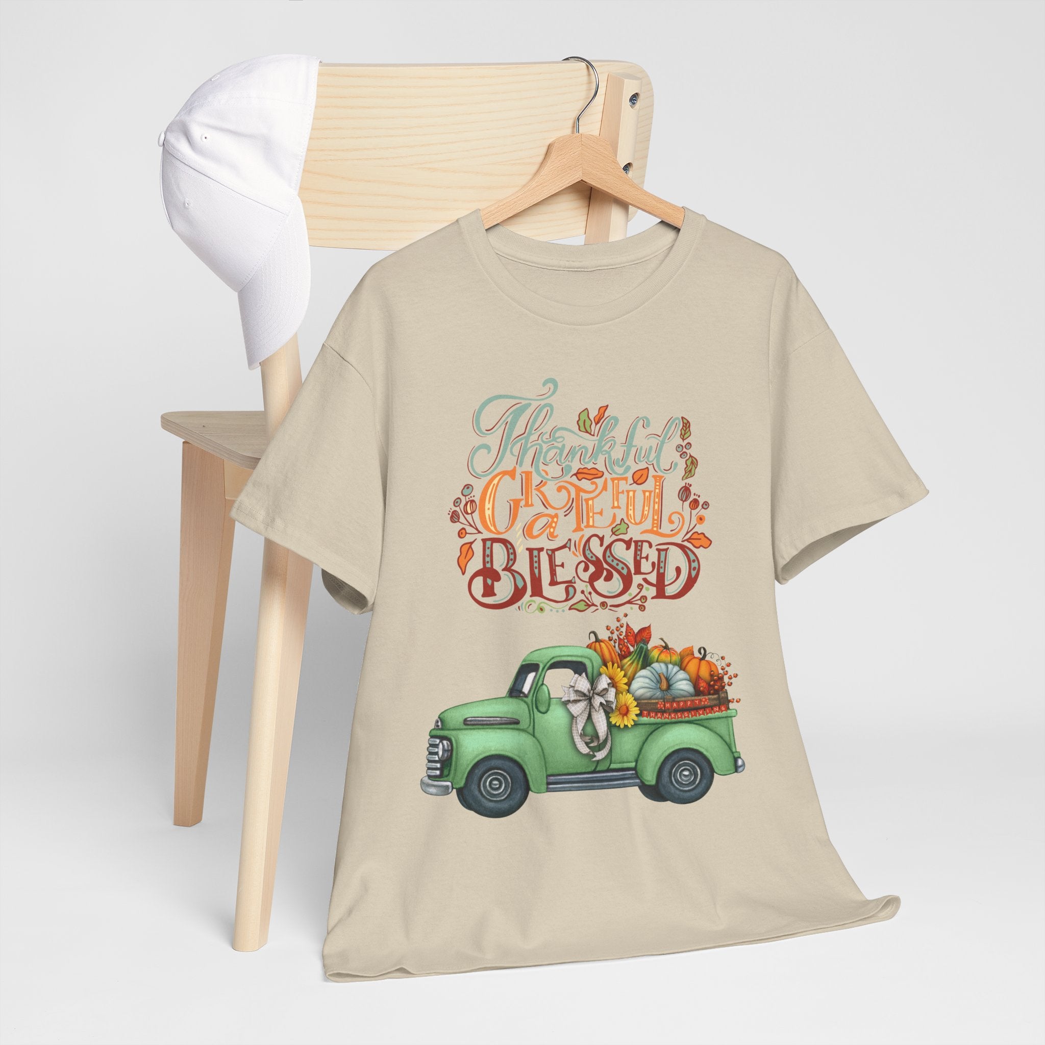 Thankful Grateful Blessed Tee, Unisex Heavy Cotton T-Shirt, Fall Apparel, Thanksgiving Shirt, Casual Wear, Gift for Friends