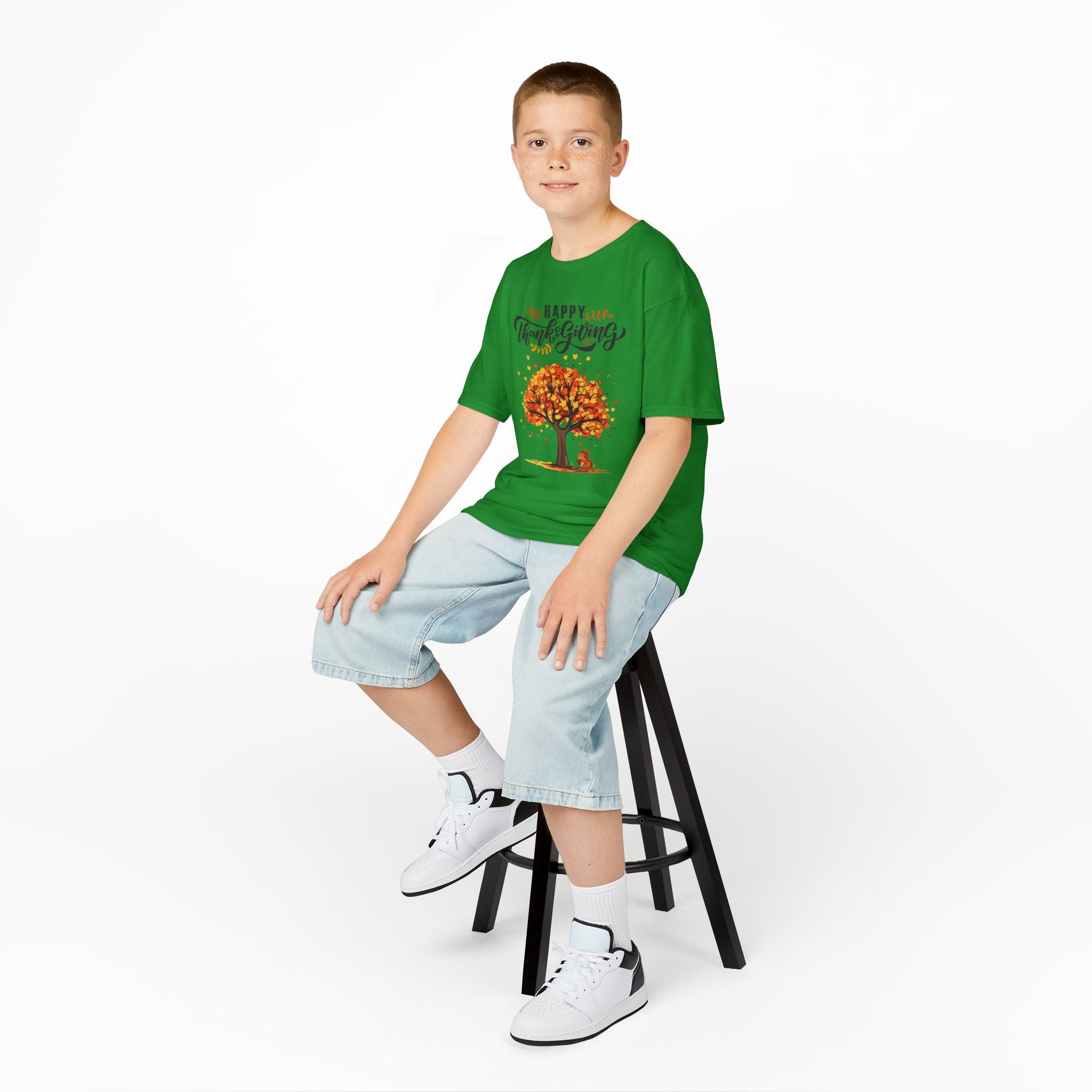 Happy Thanksgiving Kids Tee, Fall T-Shirt, Autumn Apparel, Festive Gift, Holiday Outfit, Tree and Leaves Design