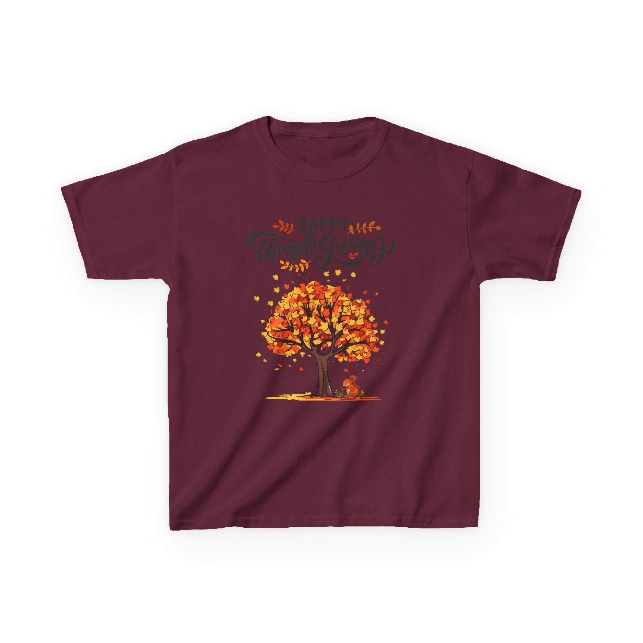 Happy Thanksgiving Kids Tee, Fall T-Shirt, Autumn Apparel, Festive Gift, Holiday Outfit, Tree and Leaves Design