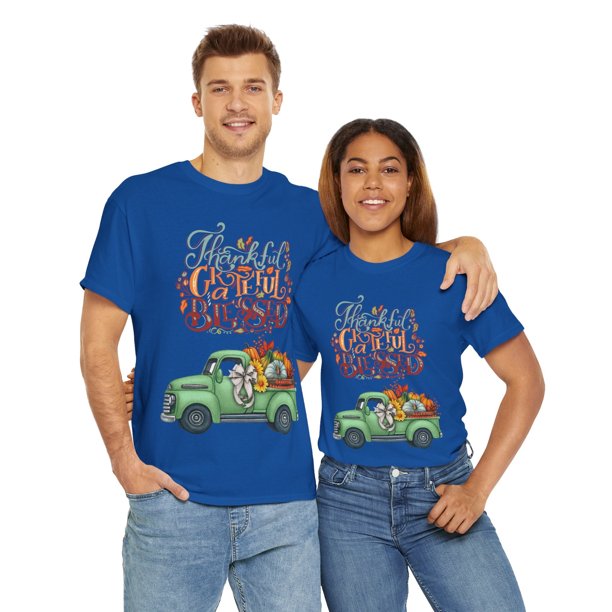Thankful Grateful Blessed Tee, Unisex Heavy Cotton T-Shirt, Fall Apparel, Thanksgiving Shirt, Casual Wear, Gift for Friends