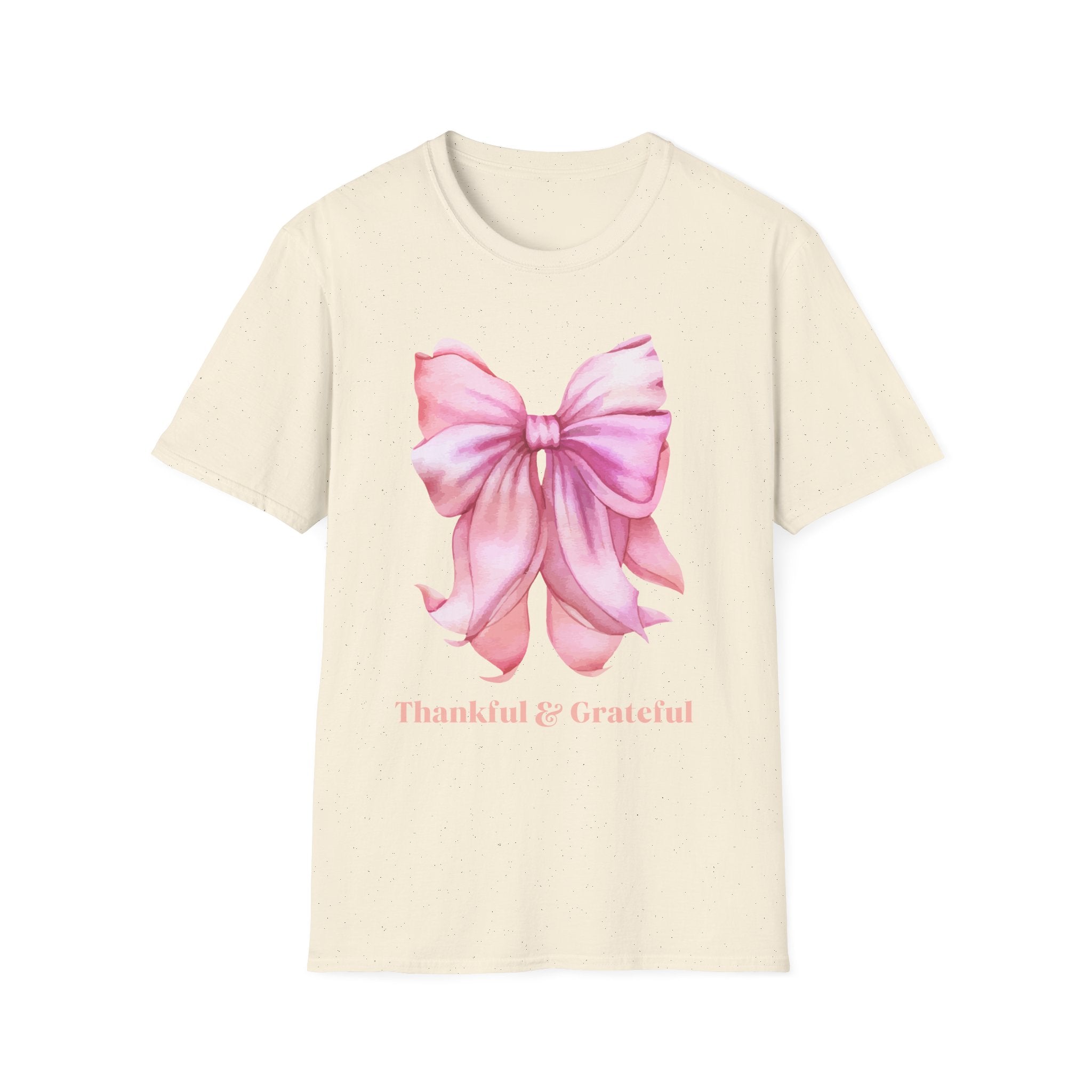 Thankful & Grateful Bow T-Shirt, Unisex Softstyle Tee, Thanksgiving Gift, Fall Apparel, Cute Casual Wear, Gratitude Shirt