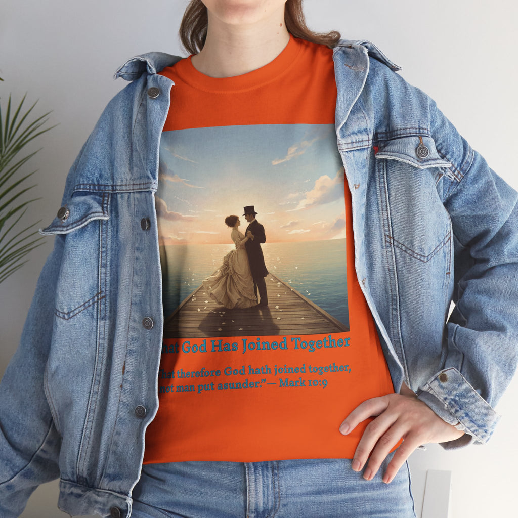 Romantic couple on a pier at sunset — inspired by Jack Vettriano-Wedding Quote T-Shirt, Unisex Heavy Cotton Tee, Casual Wear, Gift for Newlyweds, Bride & Groom Apparel, Anniversary Gift