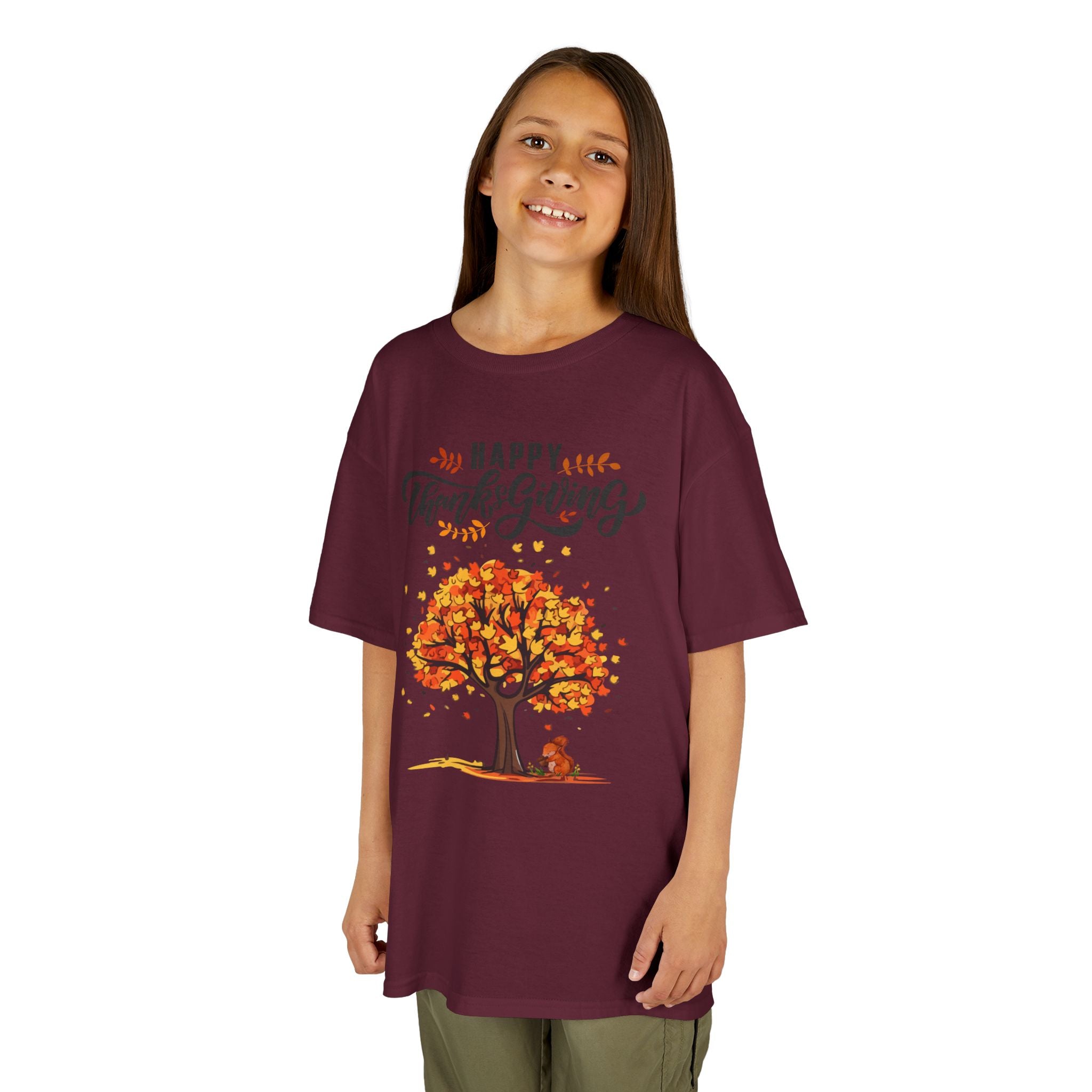 Happy Thanksgiving Kids Tee, Fall T-Shirt, Autumn Apparel, Festive Gift, Holiday Outfit, Tree and Leaves Design