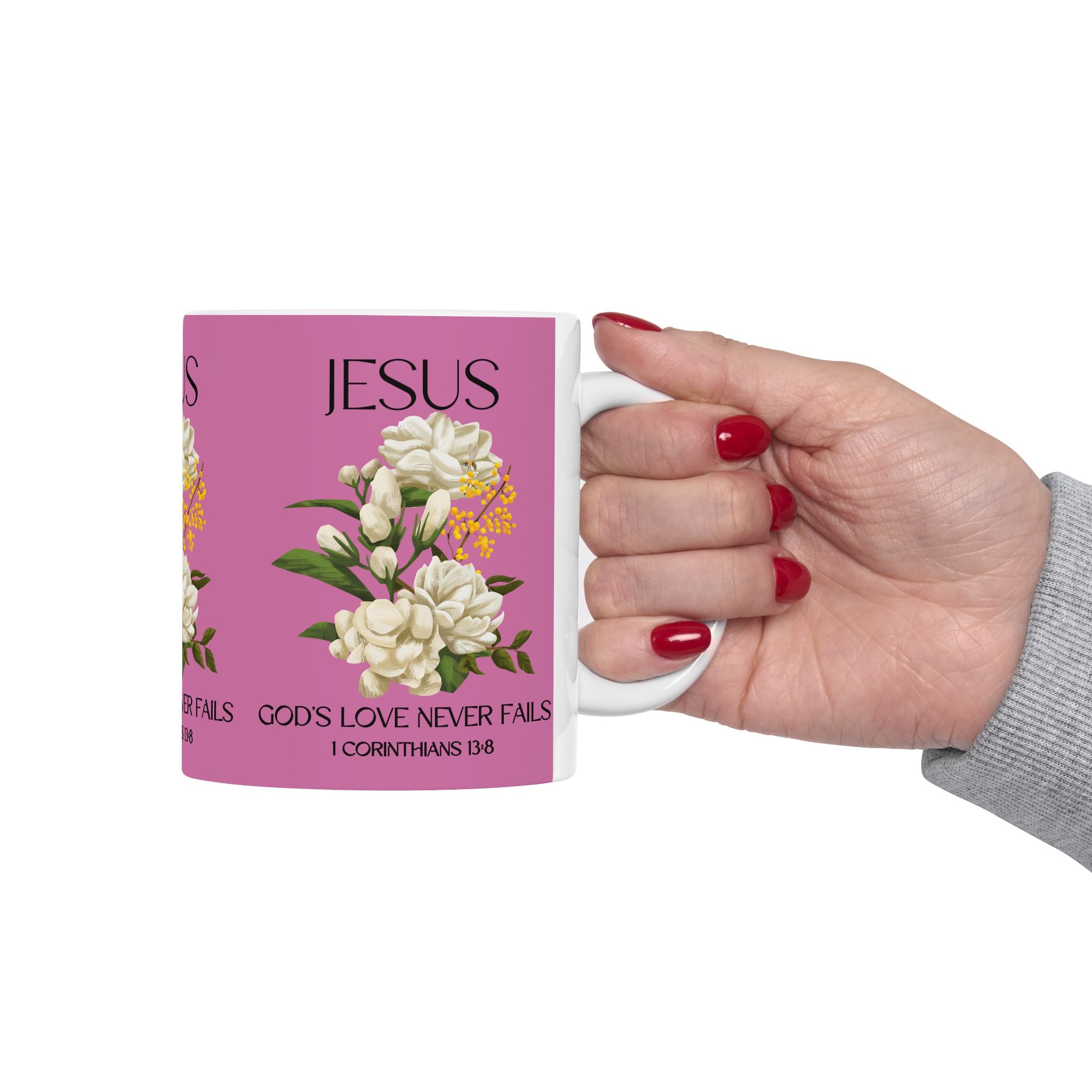 Jesus Inspirational Ceramic Mug 11 oz - God's Love Never Fails - Perfect for Every Occasion, Coffee Lovers Gift, Christian Encouragement, Floral