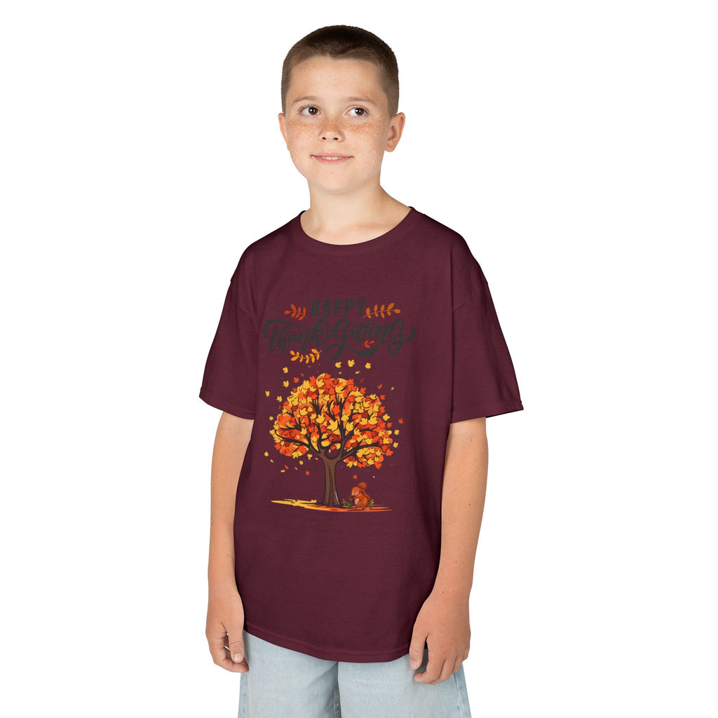Happy Thanksgiving Kids Tee, Fall T-Shirt, Autumn Apparel, Festive Gift, Holiday Outfit, Tree and Leaves Design