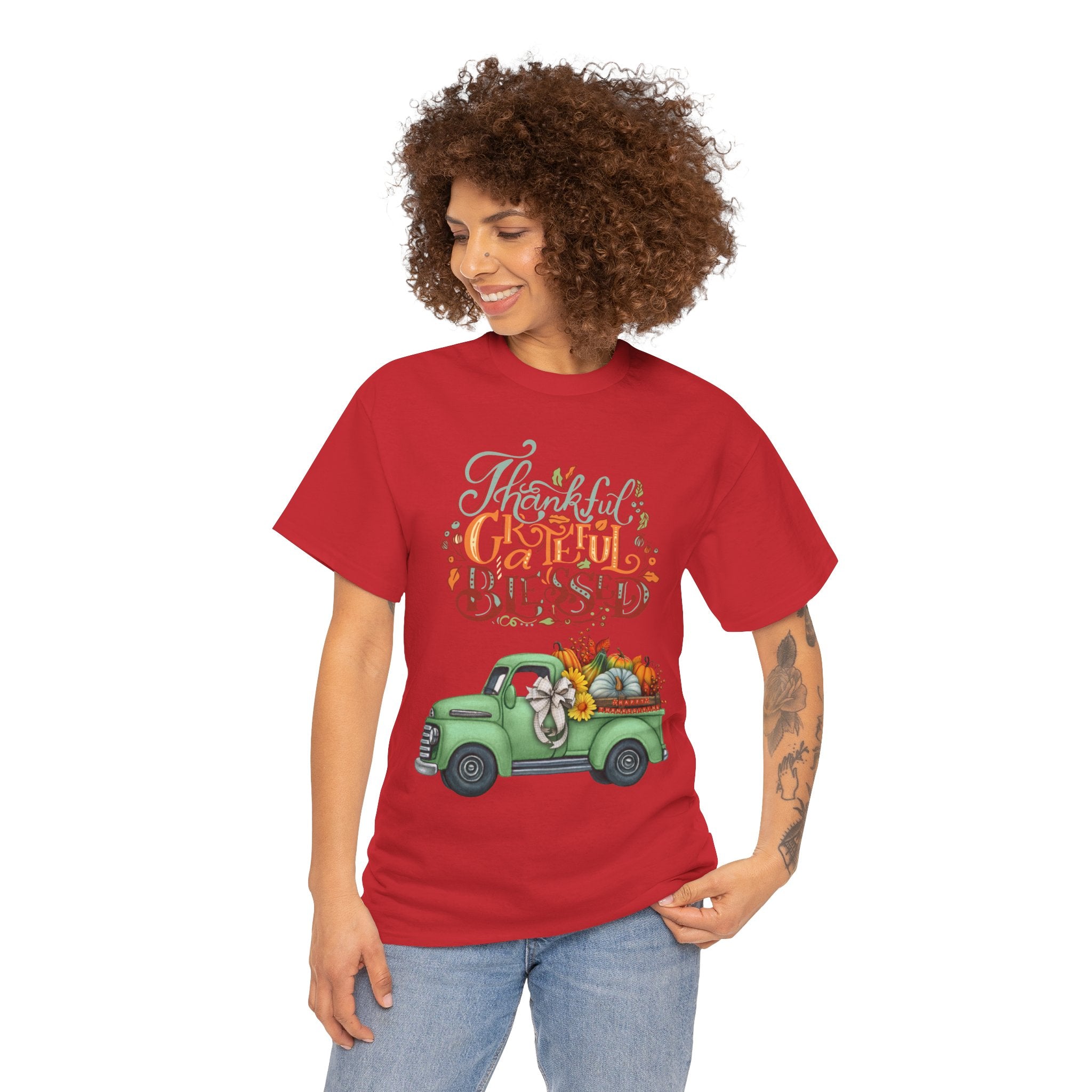 Thankful Grateful Blessed Tee, Unisex Heavy Cotton T-Shirt, Fall Apparel, Thanksgiving Shirt, Casual Wear, Gift for Friends