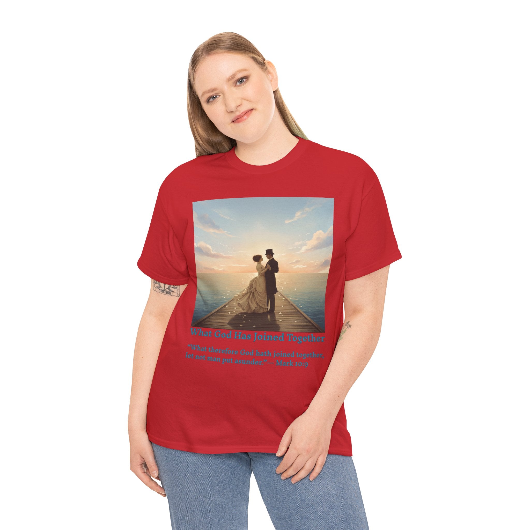Romantic couple on a pier at sunset — inspired by Jack Vettriano-Wedding Quote T-Shirt, Unisex Heavy Cotton Tee, Casual Wear, Gift for Newlyweds, Bride & Groom Apparel, Anniversary Gift