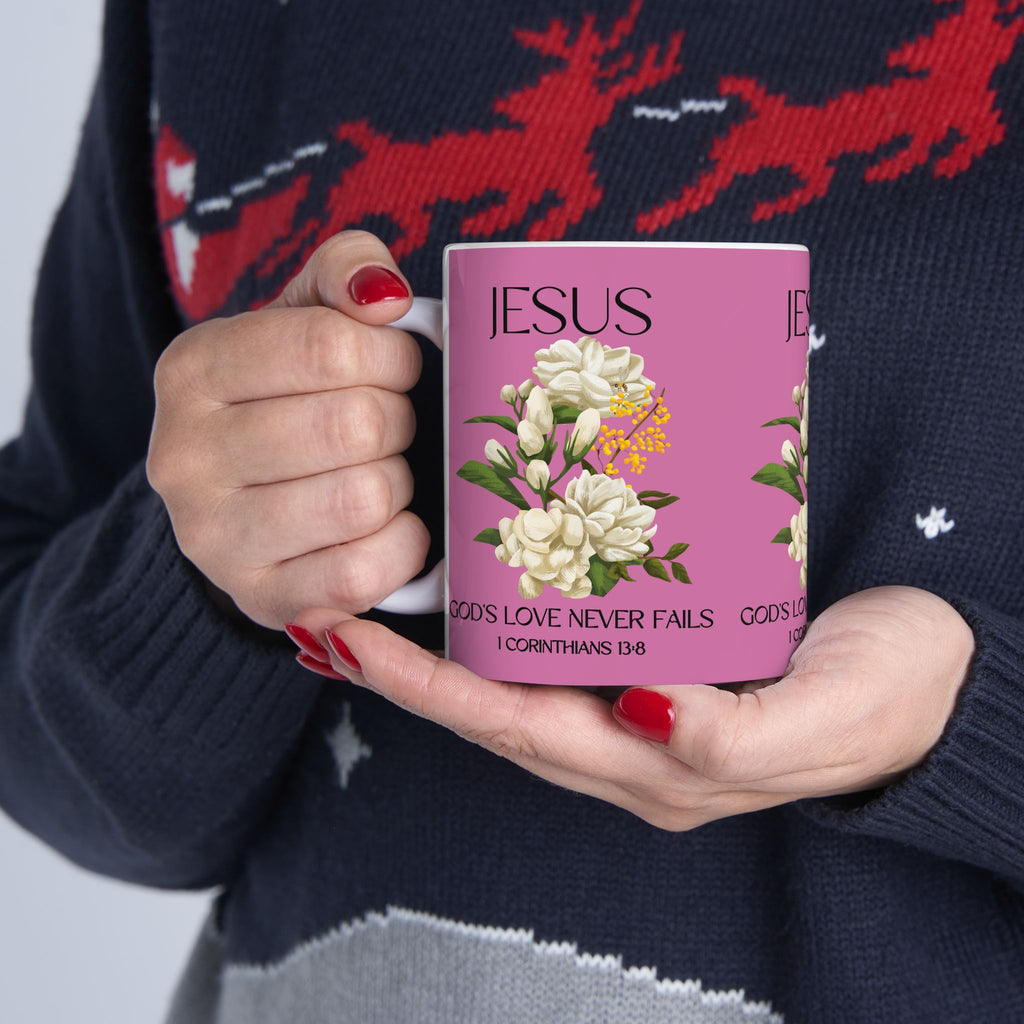 Jesus Inspirational Ceramic Mug 11 oz - God's Love Never Fails - Perfect for Every Occasion, Coffee Lovers Gift, Christian Encouragement, Floral