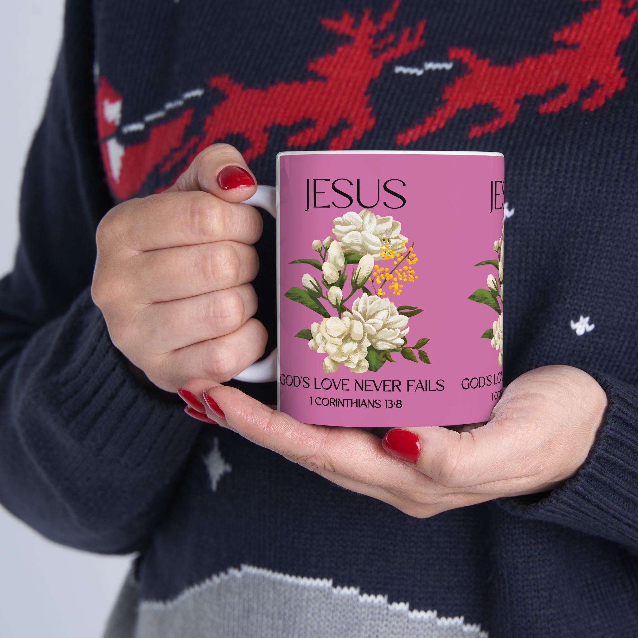 Jesus Inspirational Ceramic Mug 11 oz - God's Love Never Fails - Perfect for Every Occasion, Coffee Lovers Gift, Christian Encouragement, Floral