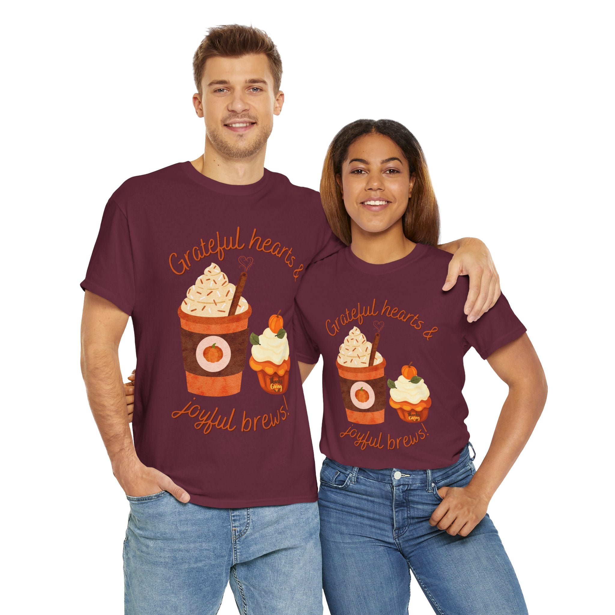 Happy Thanksgiving- Grateful Hearts & Joyful Brews Tee, Unisex Cotton Shirt, Coffee Lovers Gift, Casual Wear, Cute Tee for Celebrations, Fall Fashion