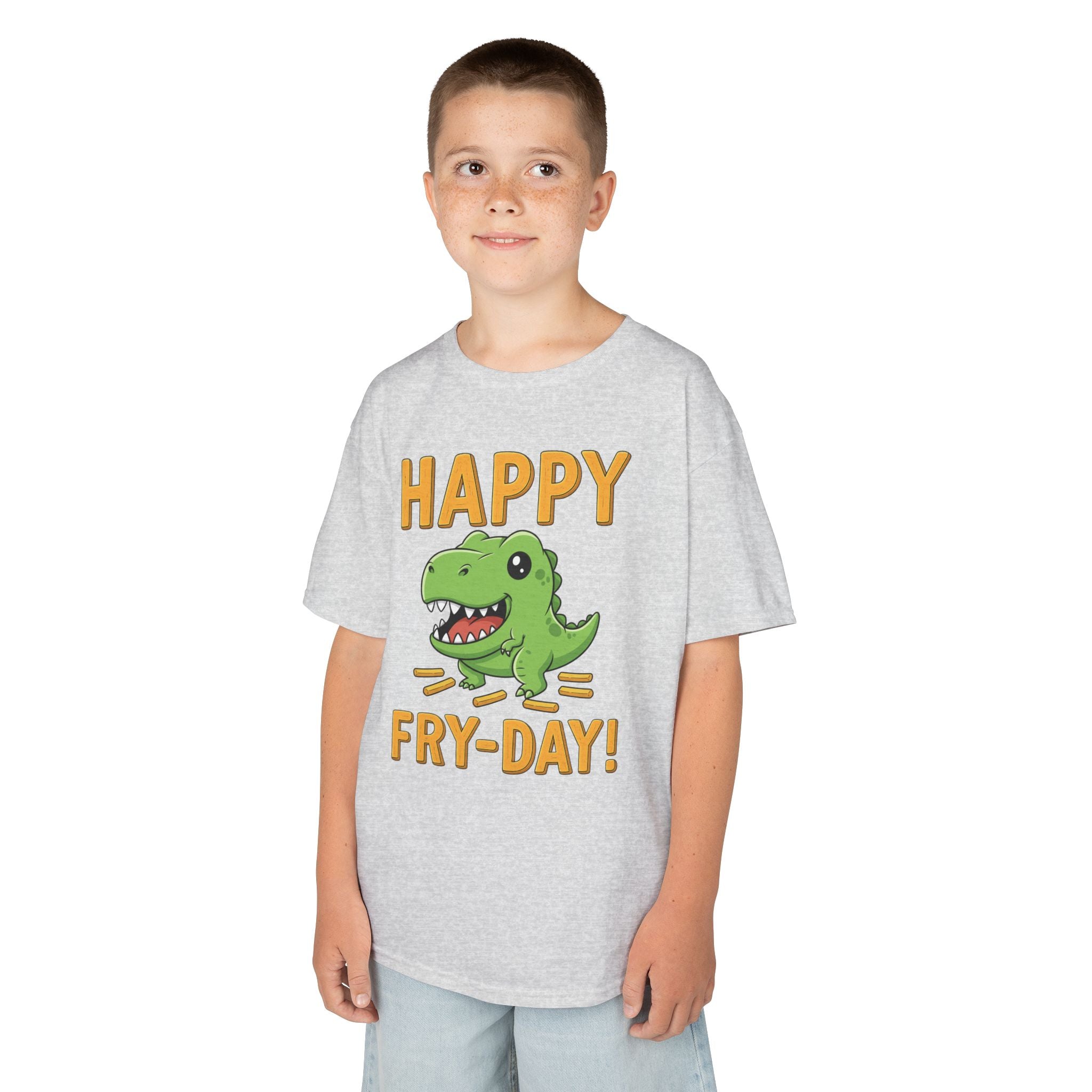 Happy Fry-Day Kids Tee, Fun Dinosaur T-Shirt, Kids Cotton Shirt, Birthday Gift, Everyday Wear, Summer Fun, Playful Tee