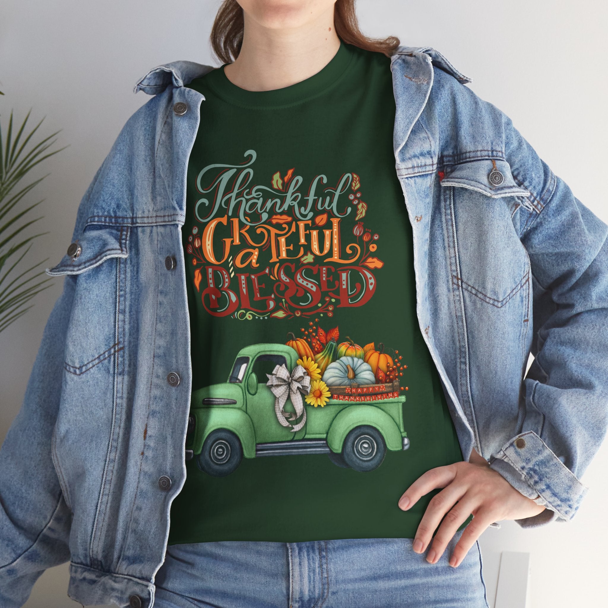 Thankful Grateful Blessed Tee, Unisex Heavy Cotton T-Shirt, Fall Apparel, Thanksgiving Shirt, Casual Wear, Gift for Friends