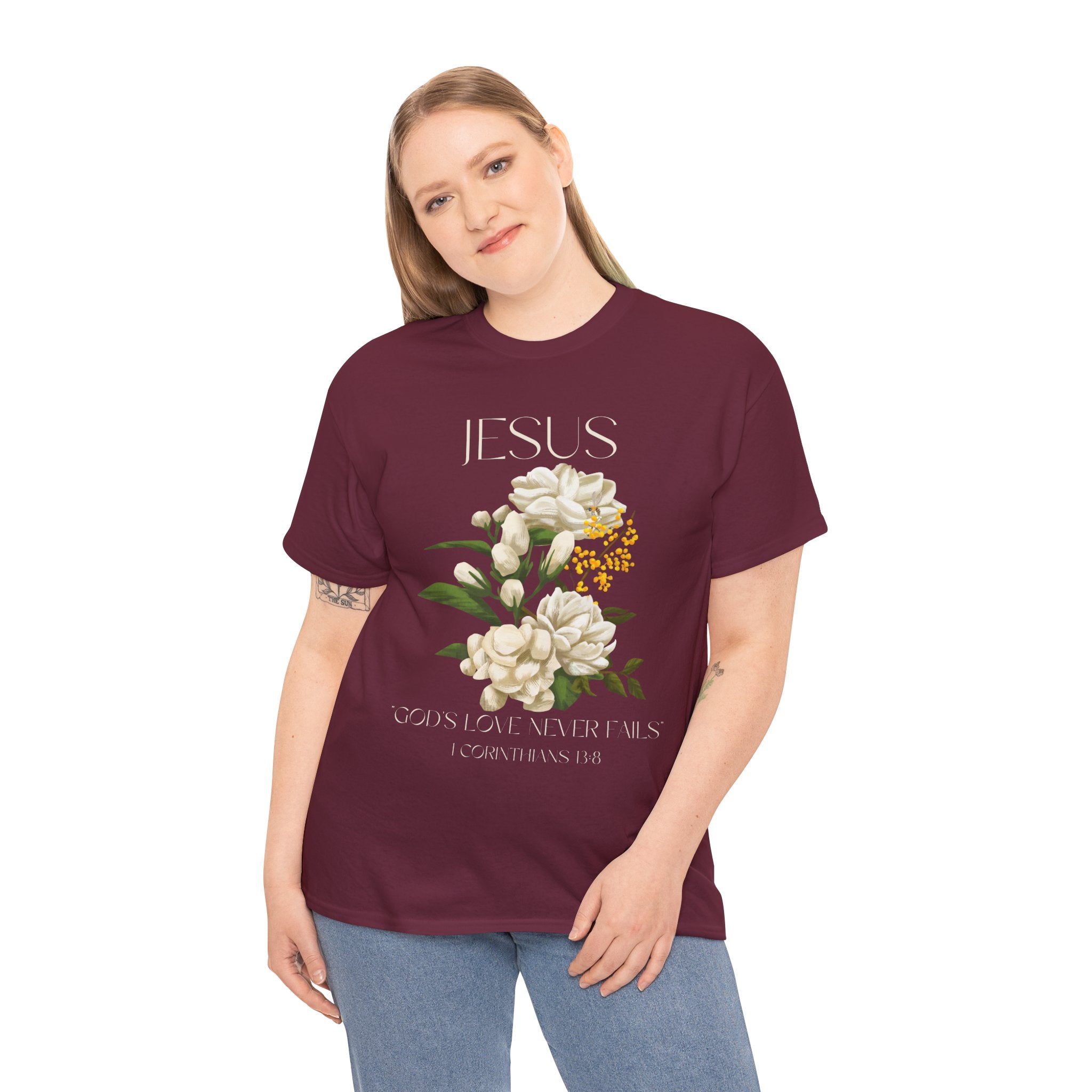 Floral Jesus-God's love never fails- Graphic Tee | Unisex Cotton T-Shirt for Faith & Inspiration, Ideal for Gifts, Casual Wear, Church Events, and Celebrations