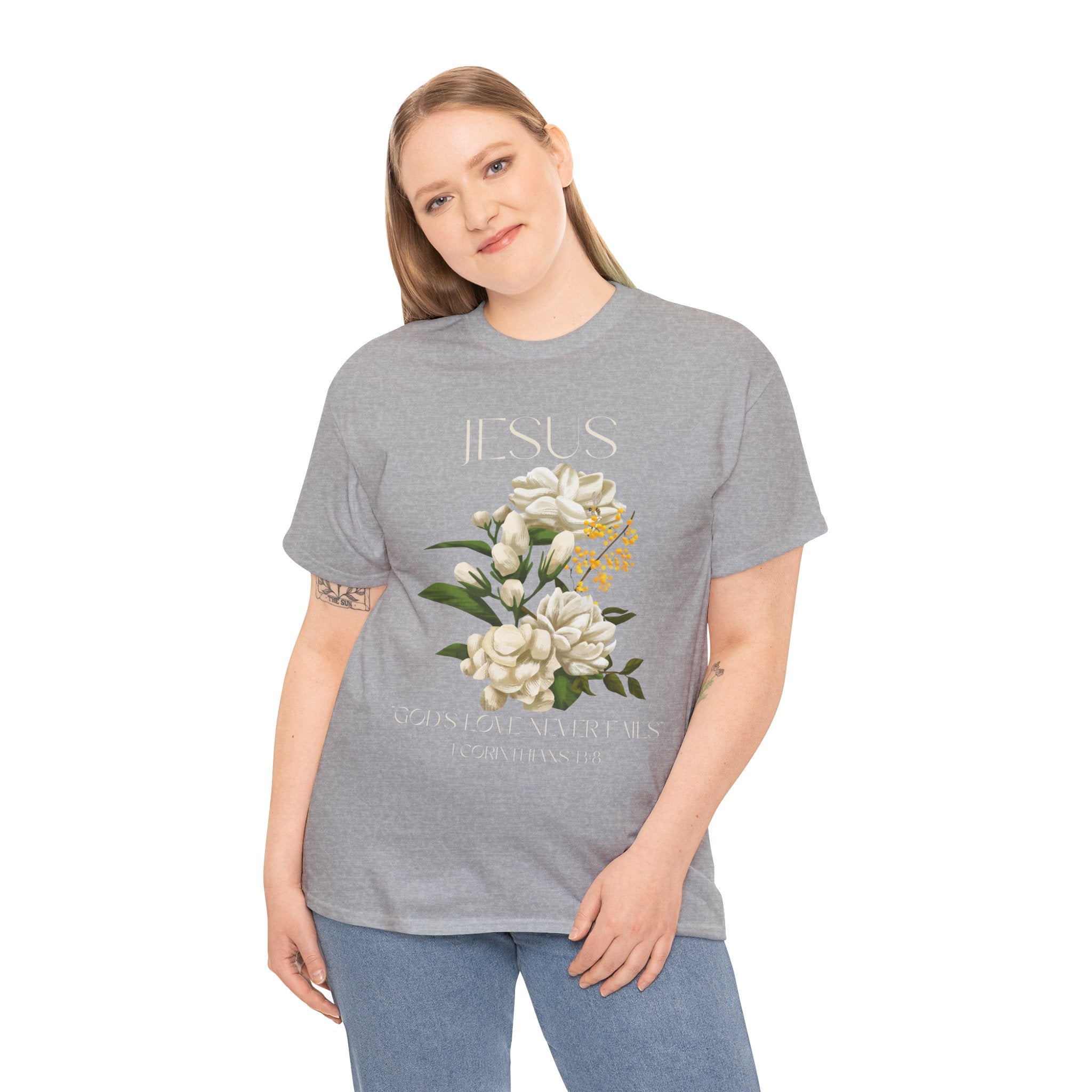 Floral Jesus-God's love never fails- Graphic Tee | Unisex Cotton T-Shirt for Faith & Inspiration, Ideal for Gifts, Casual Wear, Church Events, and Celebrations