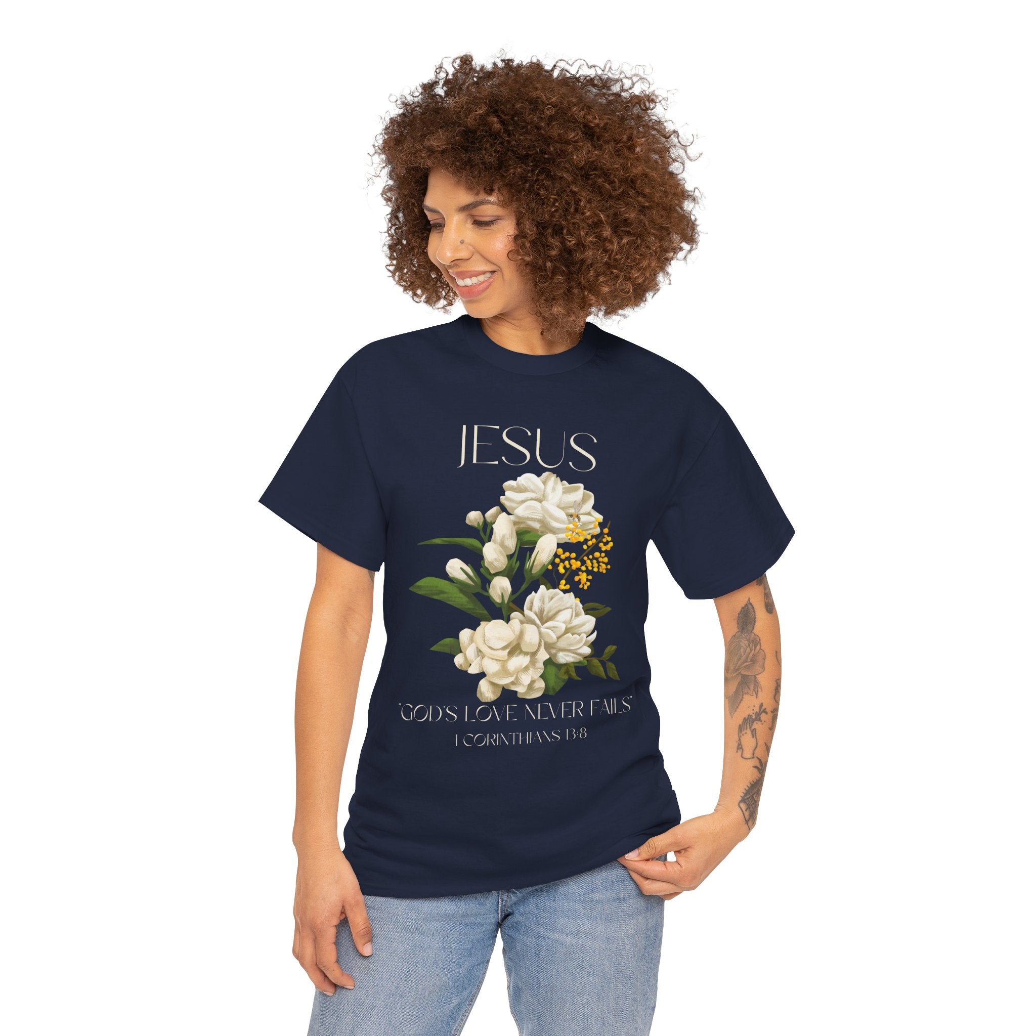 Floral Jesus-God's love never fails- Graphic Tee | Unisex Cotton T-Shirt for Faith & Inspiration, Ideal for Gifts, Casual Wear, Church Events, and Celebrations