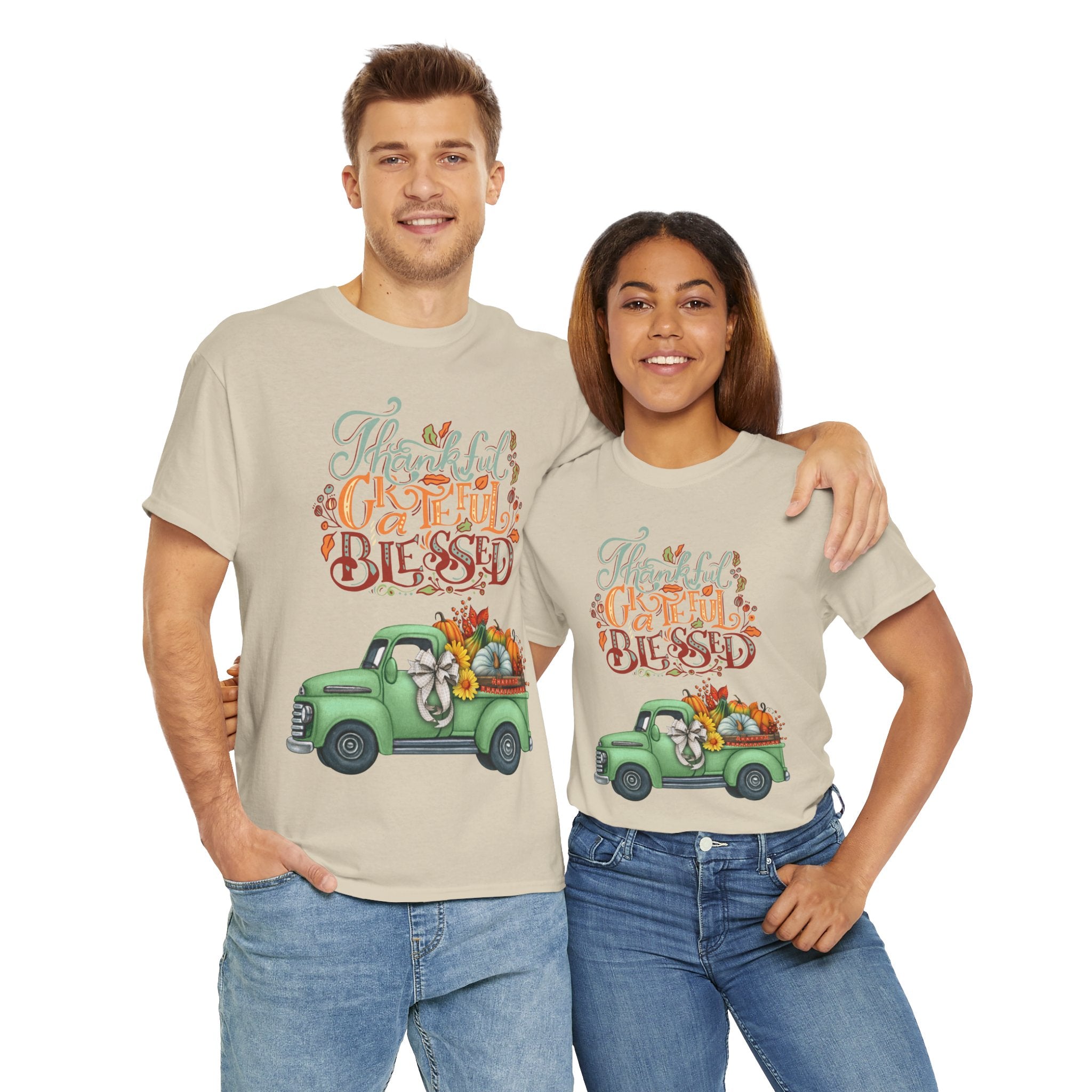 Thankful Grateful Blessed Tee, Unisex Heavy Cotton T-Shirt, Fall Apparel, Thanksgiving Shirt, Casual Wear, Gift for Friends