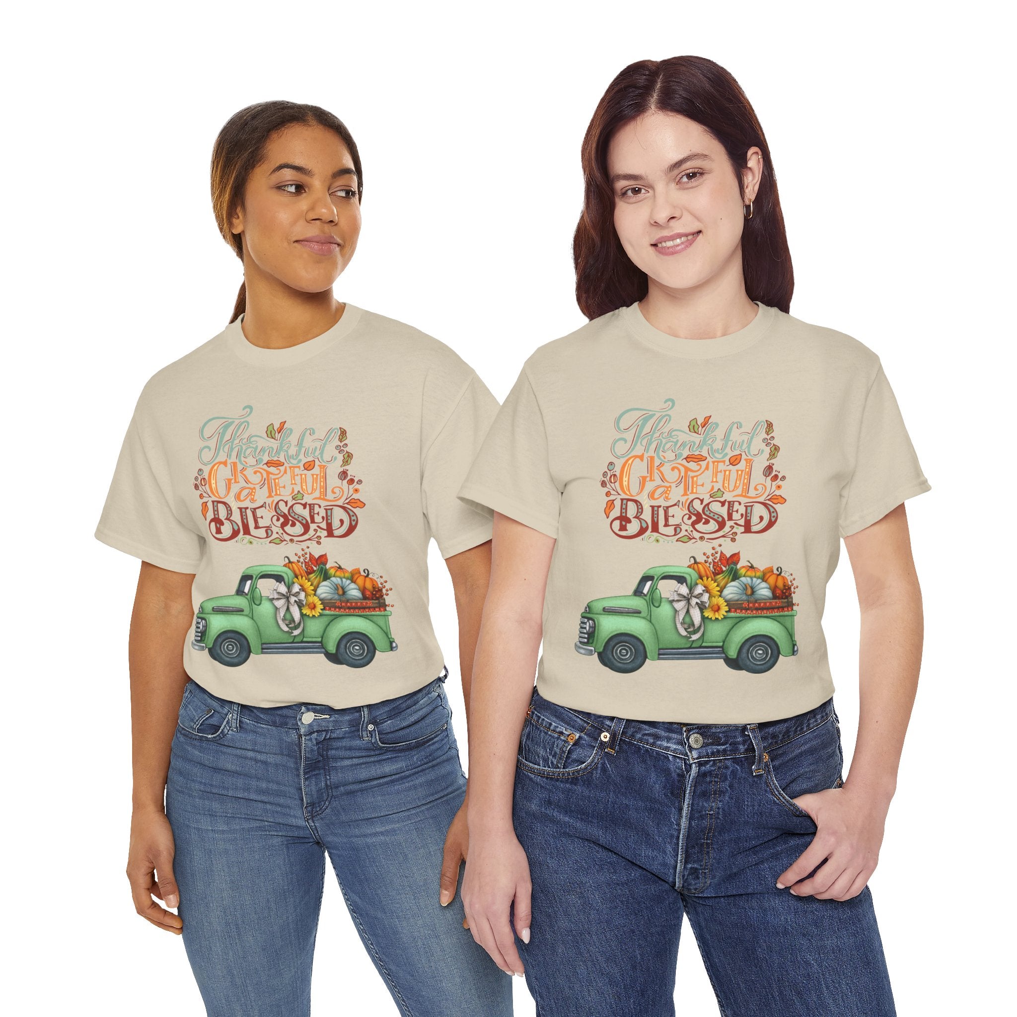 Thankful Grateful Blessed Tee, Unisex Heavy Cotton T-Shirt, Fall Apparel, Thanksgiving Shirt, Casual Wear, Gift for Friends