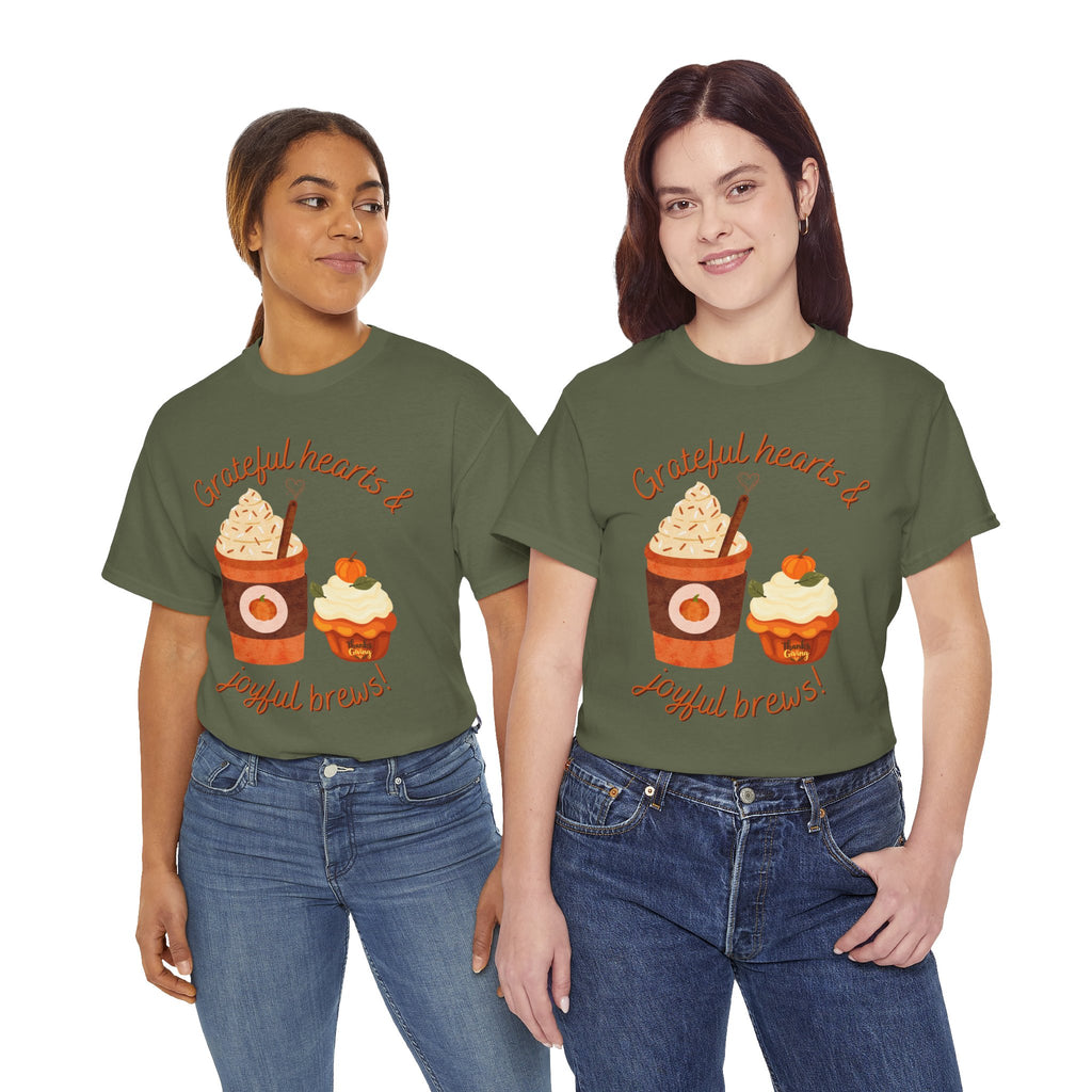 Happy Thanksgiving- Grateful Hearts & Joyful Brews Tee, Unisex Cotton Shirt, Coffee Lovers Gift, Casual Wear, Cute Tee for Celebrations, Fall Fashion