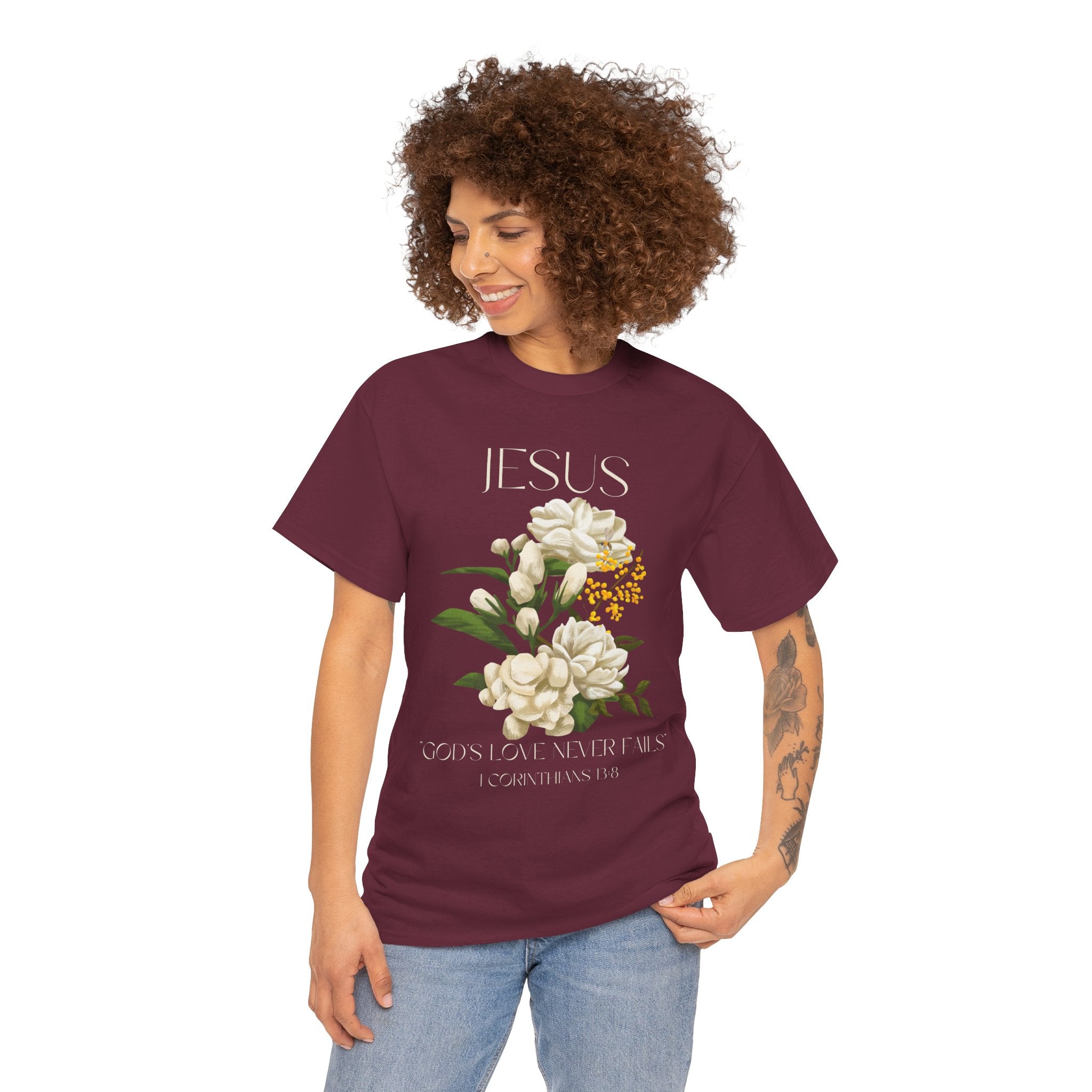 Floral Jesus-God's love never fails- Graphic Tee | Unisex Cotton T-Shirt for Faith & Inspiration, Ideal for Gifts, Casual Wear, Church Events, and Celebrations